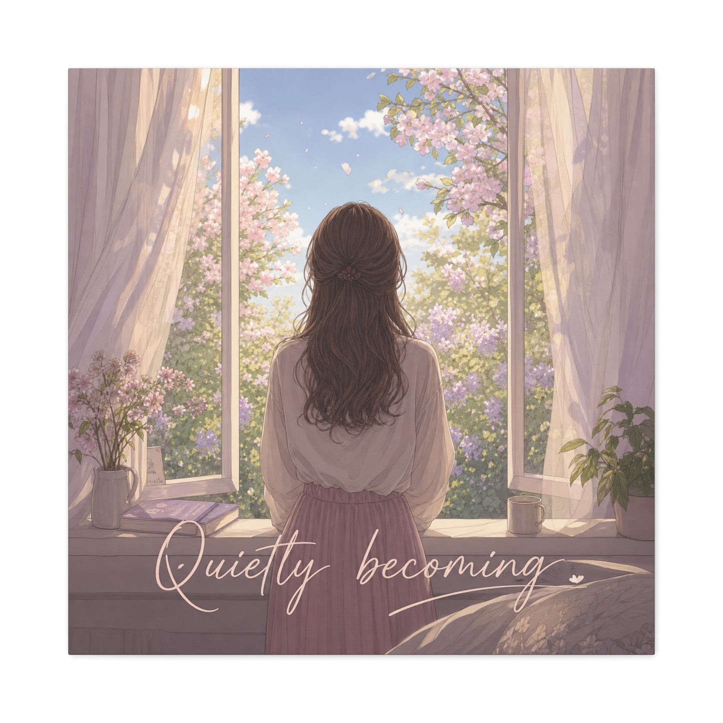 "Quietly Becoming" Girl At Window Canvas Wall Art - Cherry Blossom Bedroom Decor, Soft Pastel Inspirational Print, Dreamy Feminine Room Decoration - Bedroom Home Decoration - Living Room Wall Decor