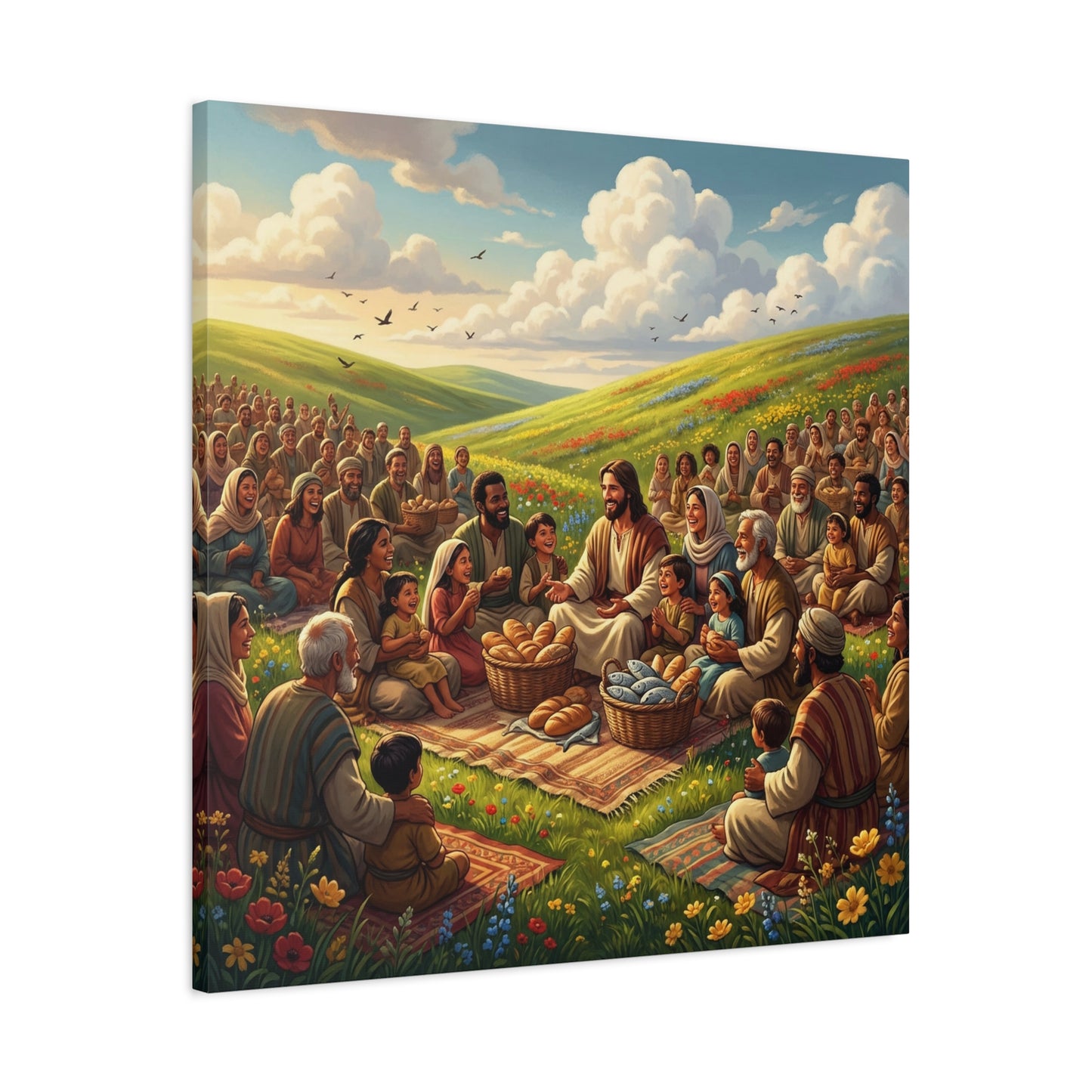 Jesus Feeding The Multitude Canvas Wall Art - Bread And Fish Biblical Scene - Meadow Landscape Christian Home Decor - Matte Cotton Print For Living Room, Bedroom, Office, Meditation Space