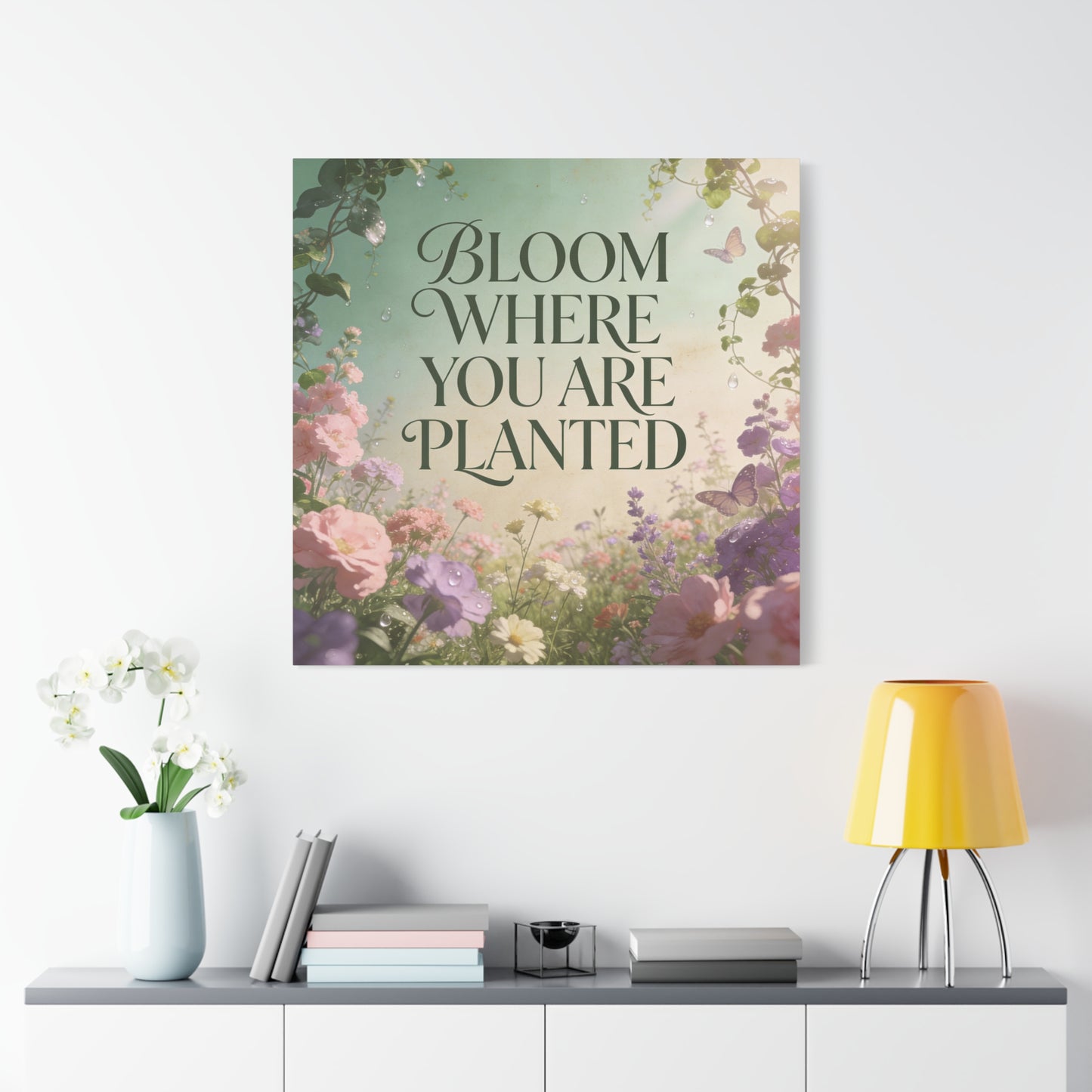 "Bloom Where You Are Planted" Inspirational Canvas Wall Art - Floral Butterfly Quote Print, Pastel Garden Typography Decor, Modern Farmhouse Style, Bedroom Home Decoration - Living Room Wall Decor