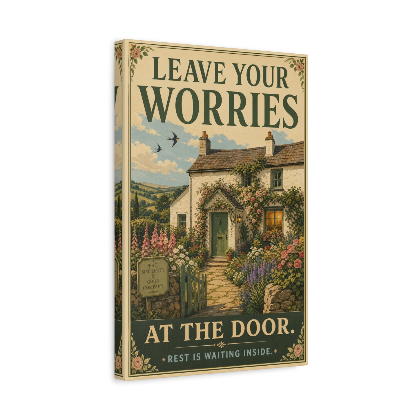 "Leave Your Worries At The Door. Rest Is Waiting Inside." Canvas Wall Art - Vintage Cottage Garden Quote Print, Floral Farmhouse Style, Bedroom Home Decoration, Entryway Decor - Living Room Wall Decor
