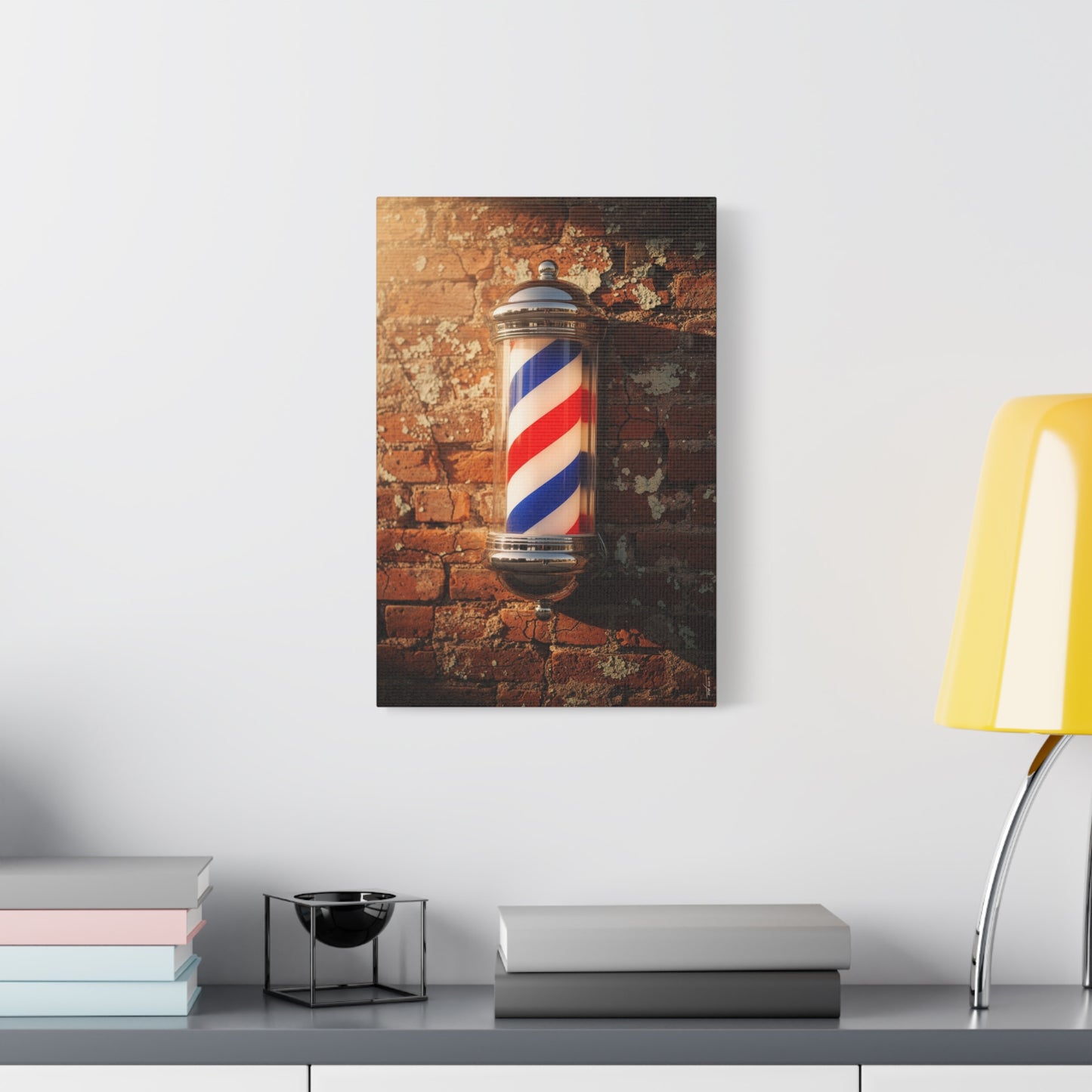 Vintage Barber Pole Canvas Wall Art - Rustic Brick Wall Art Print, Red Blue White Stripe Shop Decor - Matte Cotton Art Print - Barbershop Interior Accent, Lobby Workspace Styling - Ready to Hang