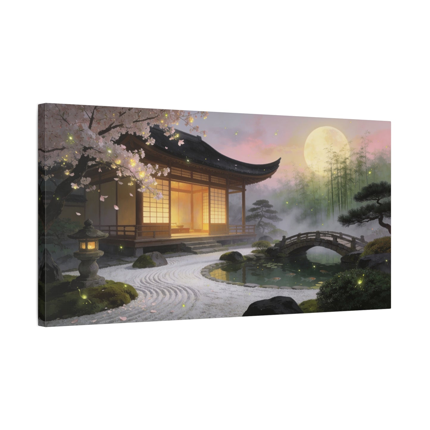 Japanese Zen Garden Canvas Wall Art - Moonlit Temple, Cherry Blossoms, Bamboo Mist - Serene Landscape Canvas Print - Traditional Style, Bedroom Wall Decor, Meditation Space - Bedroom Home Decoration