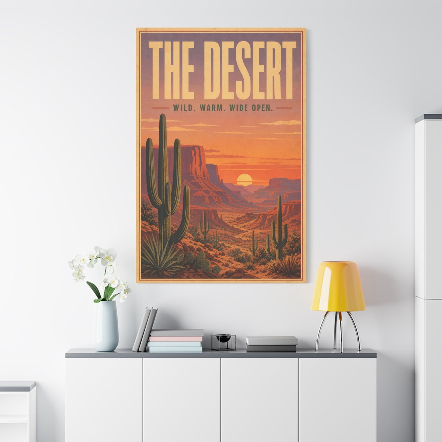 "The Desert" Wild. Warm. Wide Open. Desert Canvas Wall Art - Vintage Saguaro Sunset Canyon Landscape Print - Southwestern Wall Decor - Living Room Home Decoration, Office Accent - Ready to Hang