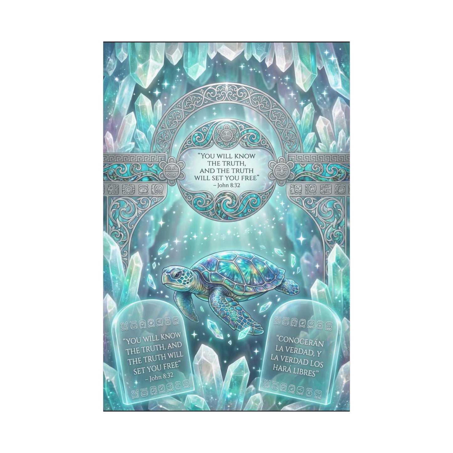 "You Will Know The Truth, And The Truth Will Set You Free" Sea Turtle Canvas Wall Art - John 8:32 Scripture Decor, Crystal Ocean Fantasy Style, Bedroom Wall Hanging, Meditation Space - Ready to Hang