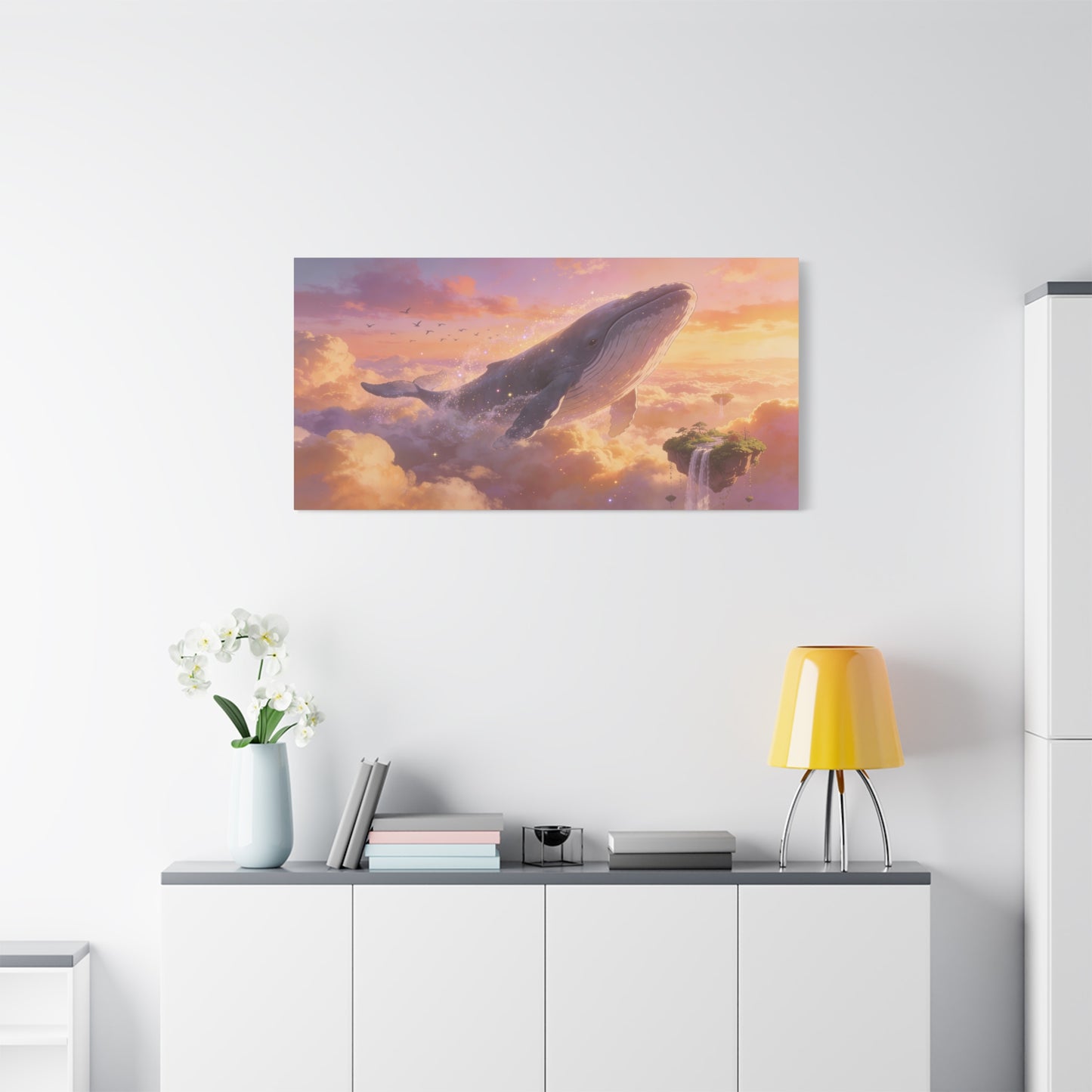 Fantasy Whale Canvas Wall Art - Dreamlike Sky Ocean Scene, Floating Island Waterfall - Matte Cotton Art Print - Surreal Contemporary Style - Living Room Wall Decor Bedroom Accent - Ready to Hang