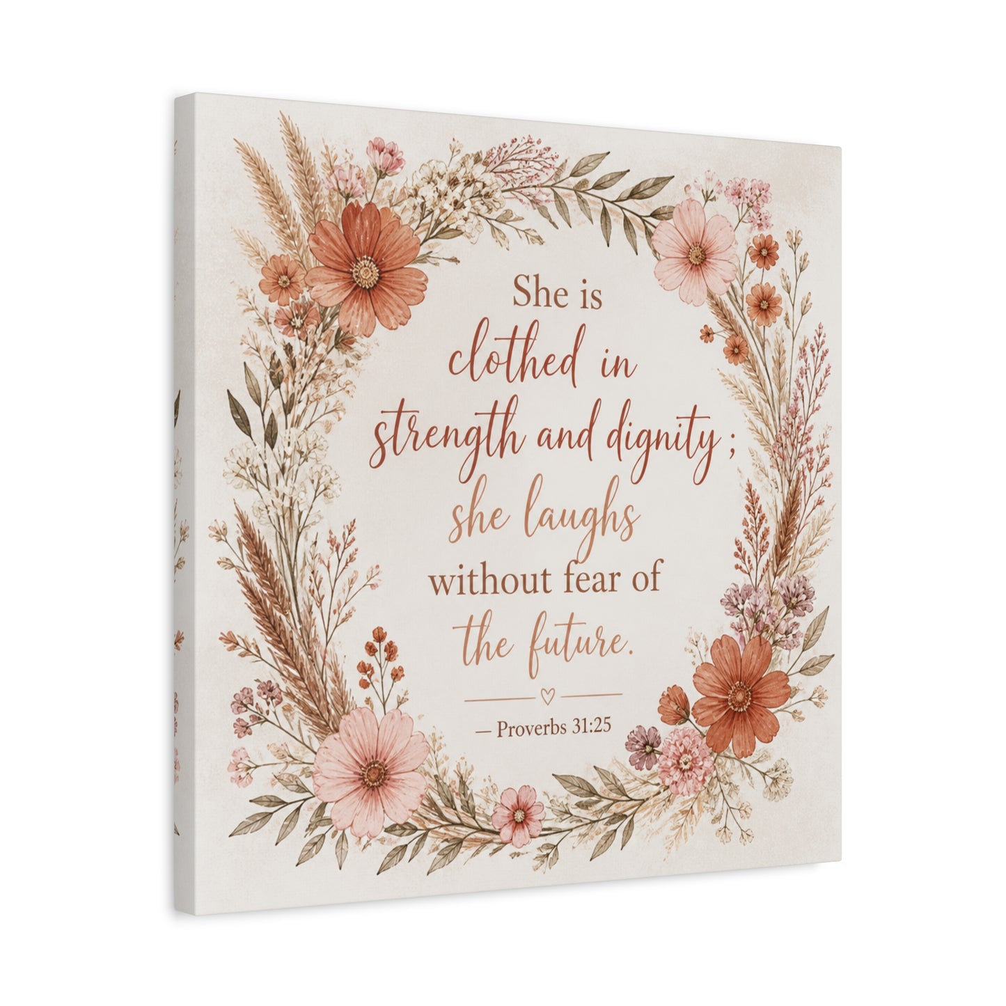 "She Is Clothed In Strength And Dignity" Floral Canvas Wall Art - Proverbs 31:25 Scripture Quote, Blush Wildflower Wreath, Farmhouse Style, Bedroom Wall Decor - Bedroom Home Decoration - Ready to Hang