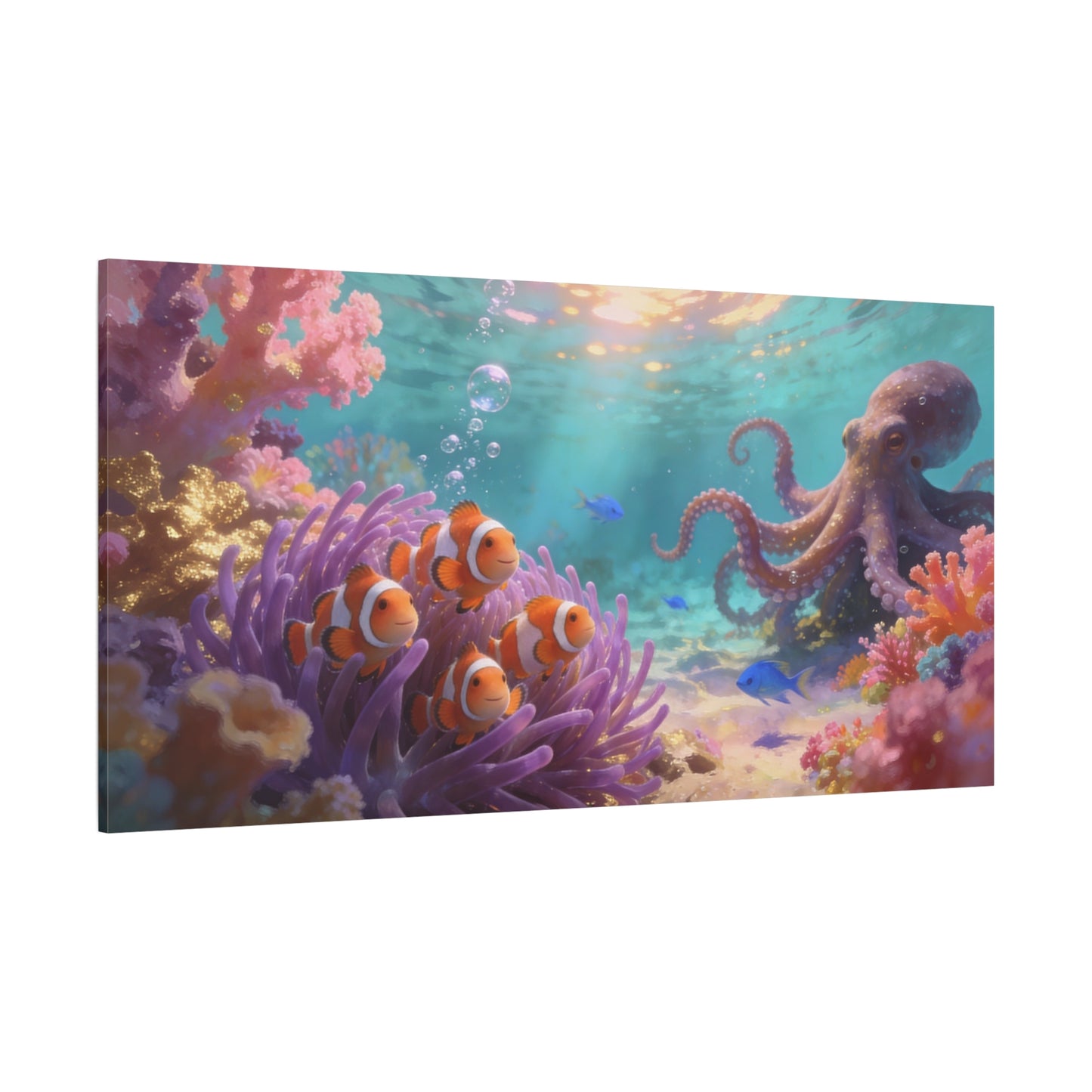 Clownfish And Octopus Canvas Wall Art - Whimsical Underwater Coral Reef Scene, Ocean Nursery Decor, Coastal Style, Matte Canvas Print, Bedroom Decoration, Playroom Accent, Office Art - Ready to Hang