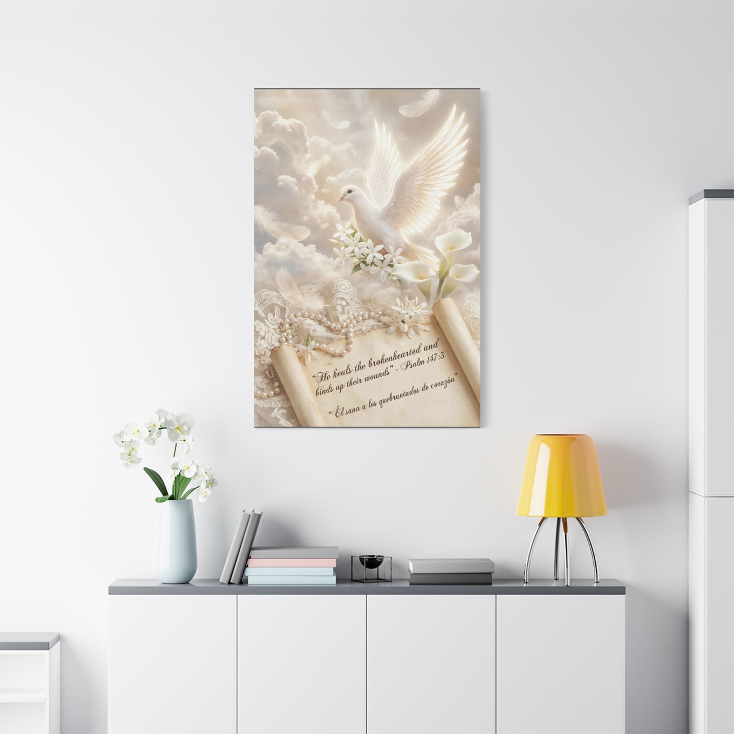 "He Heals The Brokenhearted And Binds Up Their Wounds" Dove Canvas Wall Art - Psalm 147:3 Scripture, White Lily Floral Design - Traditional Religious Decor For Bedroom - Office Wall Art
