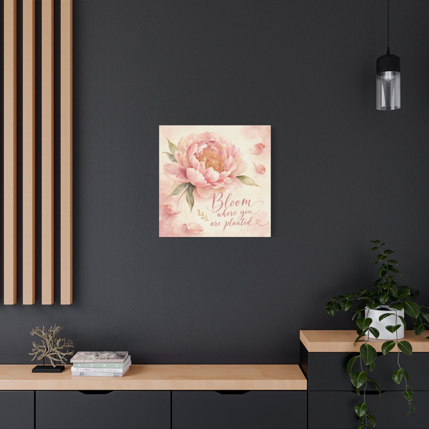 "Bloom Where You Are Planted" Peony Canvas Wall Art - Pink Watercolor Floral Quote Print, Soft Botanical Decor, Bedroom Wall Hanging, Feminine Farmhouse Style - Bedroom Home Decoration - Ready to Hang