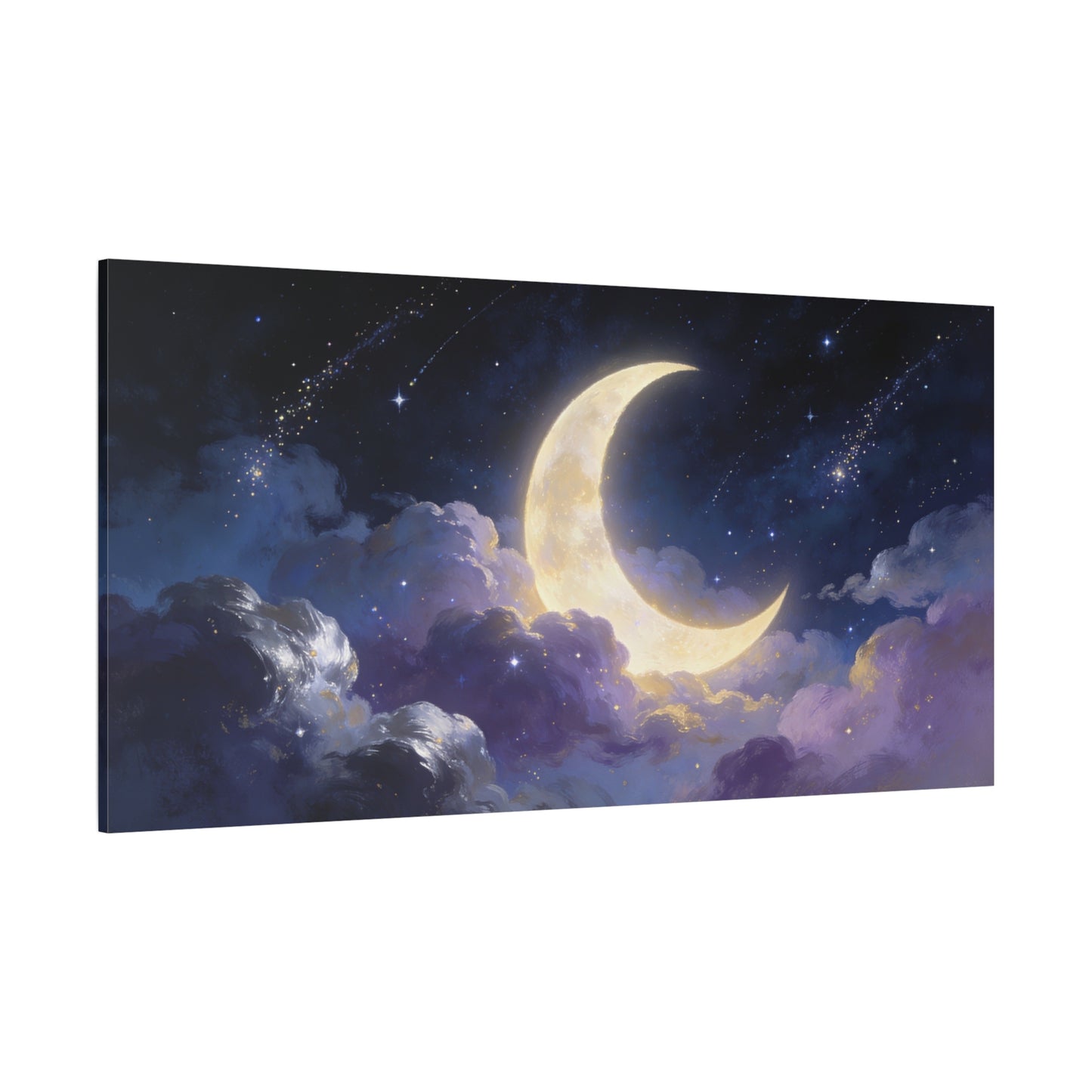 Crescent Moon Canvas Wall Art - Dreamy Night Sky Clouds, Celestial Starry Canvas Print - Contemporary Blue Gold Fantasy Decor - Bedroom Wall Decor, Living Room Home Accent - Bedroom Home Decoration