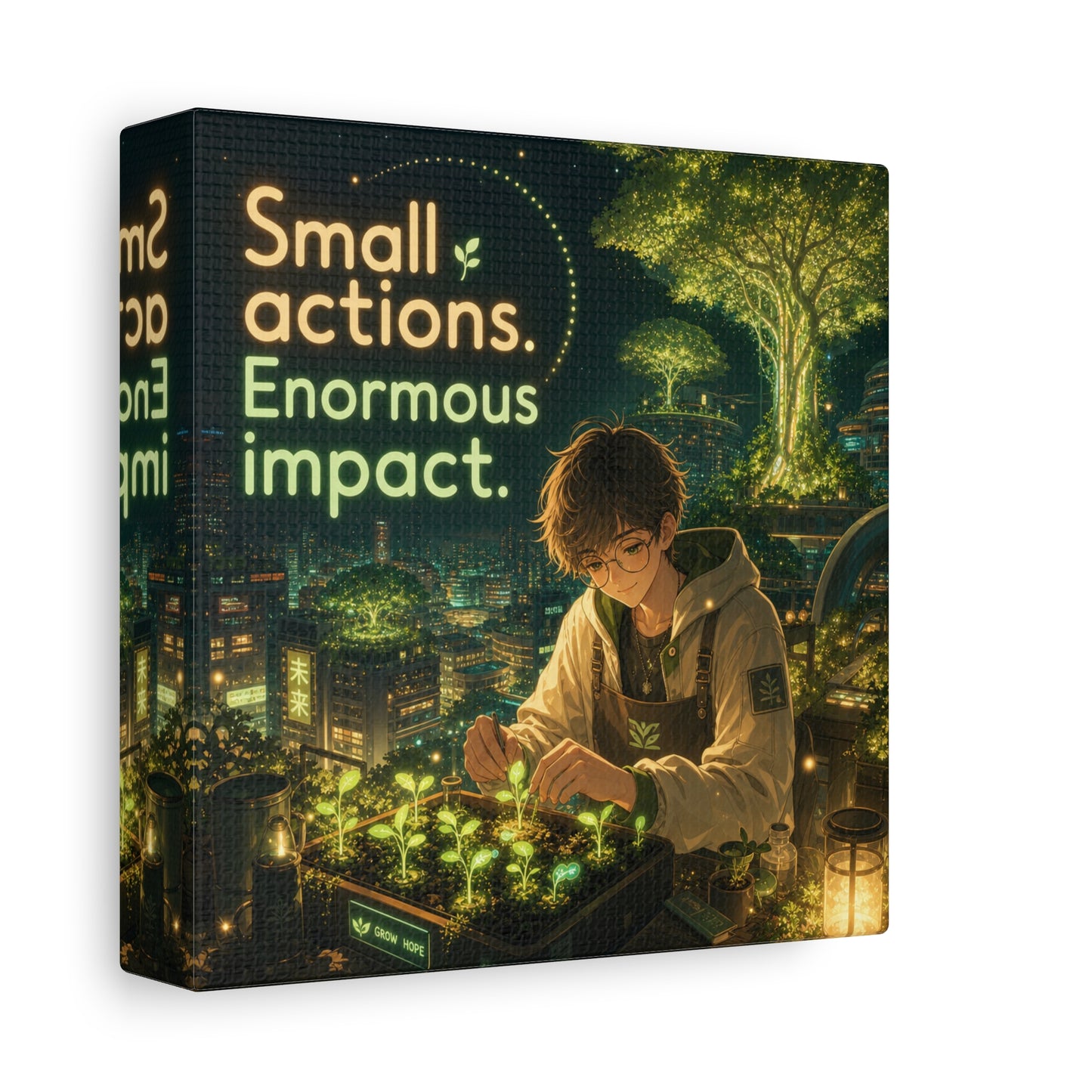 "Small Actions. Enormous Impact." Inspirational Canvas Wall Art - Anime Boy Gardening Cityscape - Glowing Green Night Illustration - Bedroom Home Decoration, Home Office Decor - Living Room Wall Decor