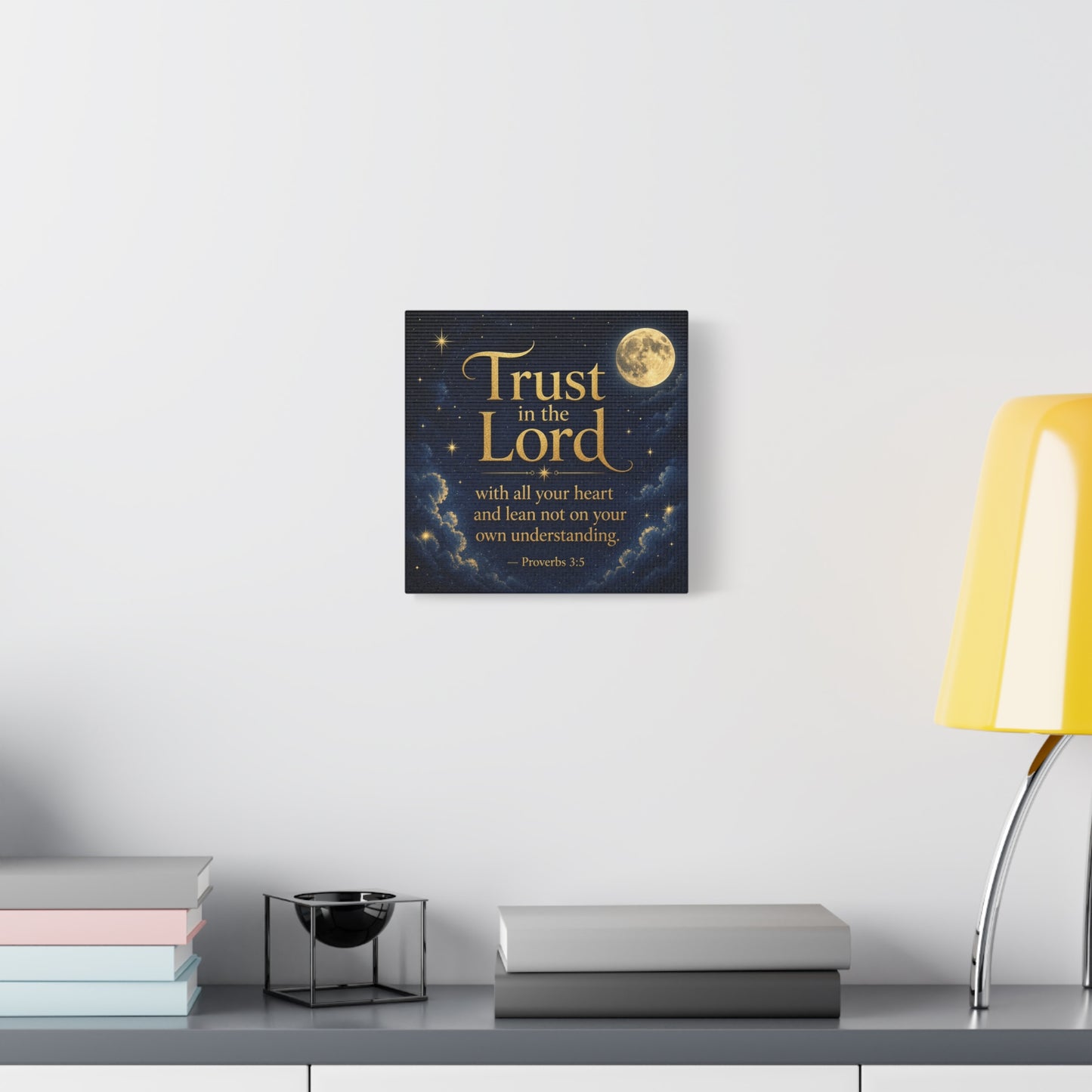 "Trust In The Lord" Bible Verse Canvas Wall Art - Moonlit Scripture Quote, Gold Typography, Christian Wall Decor - Traditional Night Sky Design - Bedroom Living Room Decoration - Ready to Hang
