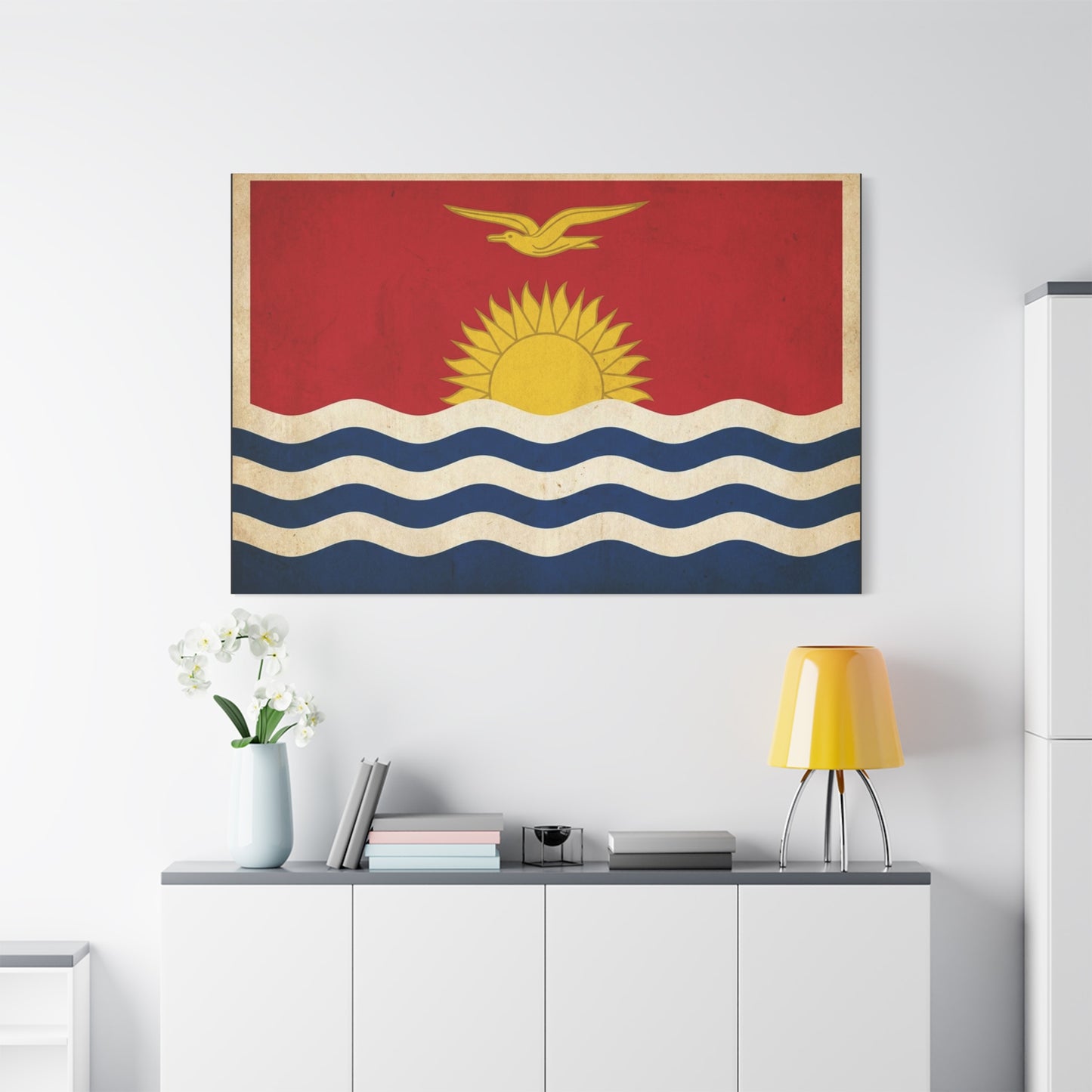 Kiribati Flag Canvas Wall Art - Vintage Island Nation Sun Bird Waves Print - Patriotic Red Gold Blue Coastal Style - Living Room Wall Decor, Office Art, Dorm Decoration - Bedroom Home Decoration