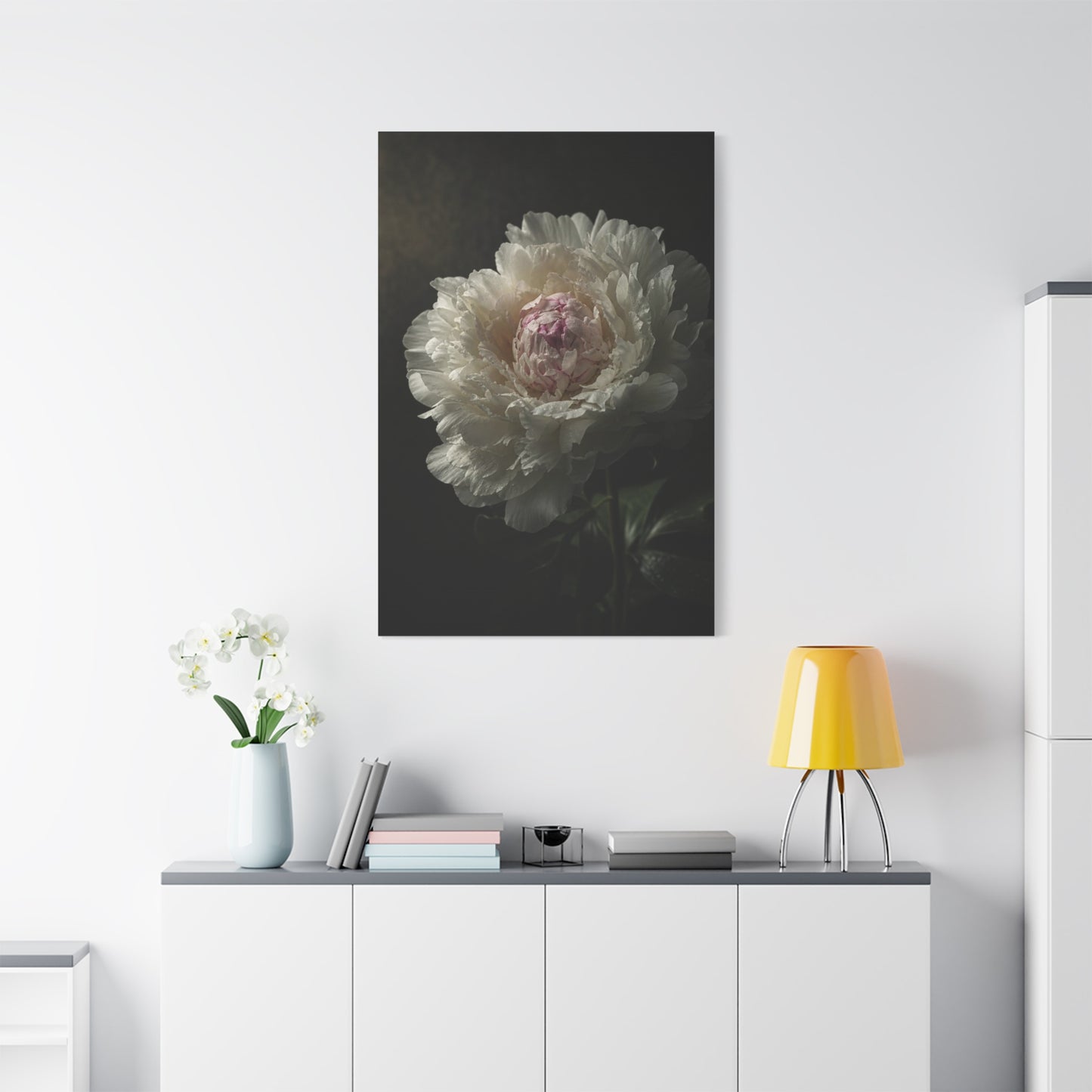 White Peony Canvas Wall Art - Moody Floral Art Print, Dark Botanical Canvas, Matte Finish - Vintage Style, Bedroom Wall Decor, Living Room Home Decoration Accent - Bedroom Home Decoration