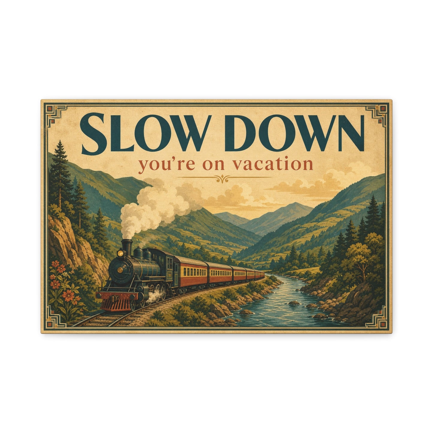 "Slow Down You're On Vacation" Vintage Train Canvas Wall Art - Mountain River Travel Poster Style, Retro Landscape Home Decor - Rustic Cabin Living Room Decoration, Vacation Rental Accent