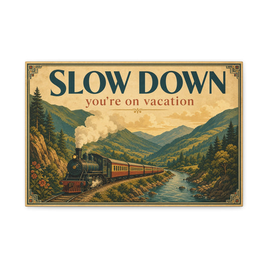 "Slow Down You're On Vacation" Vintage Train Canvas Wall Art - Mountain River Travel Poster Style, Retro Landscape Home Decor - Rustic Cabin Living Room Decoration, Vacation Rental Accent