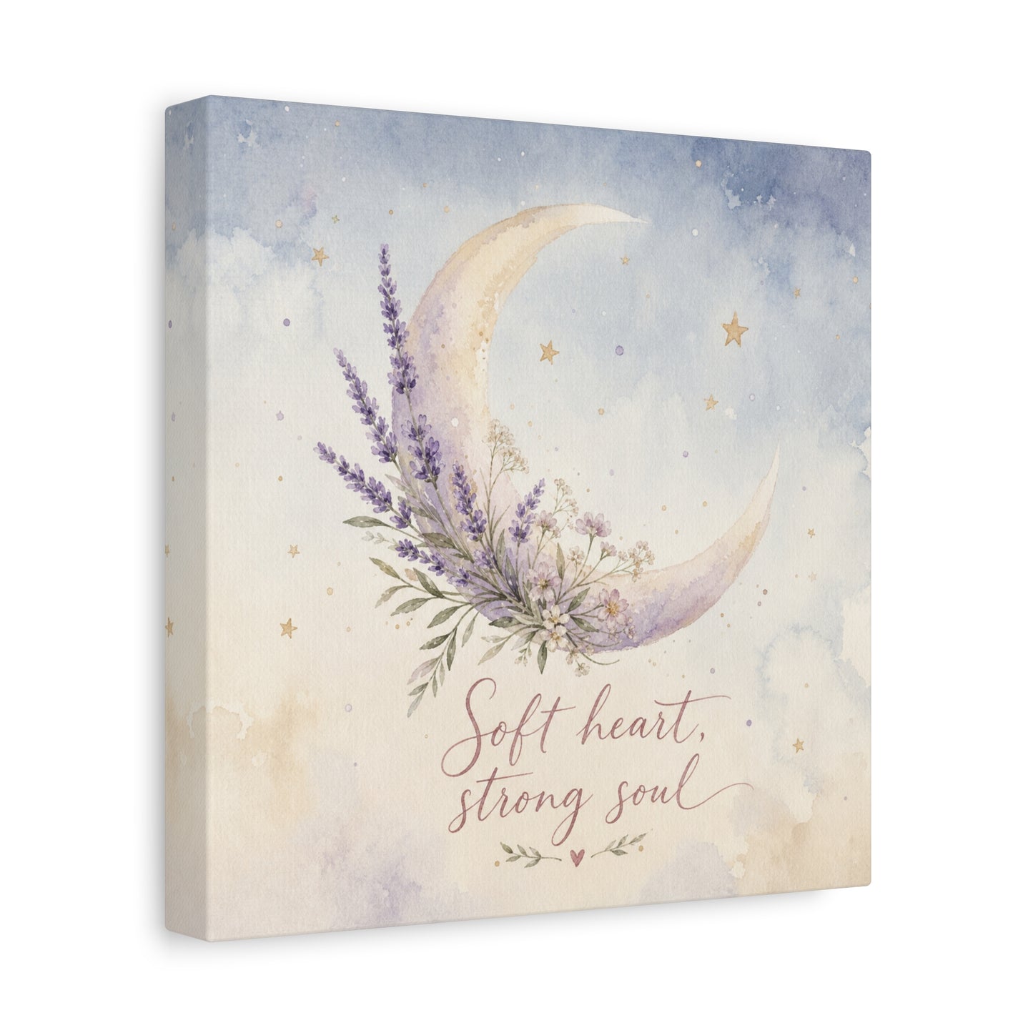 "Soft Heart, Strong Soul" Moon Canvas Wall Art - Lavender Floral Celestial Quote Print - Watercolor Nursery Bedroom Decor - Bohemian Home Decoration - Office Wall Art - Bedroom Home Decoration