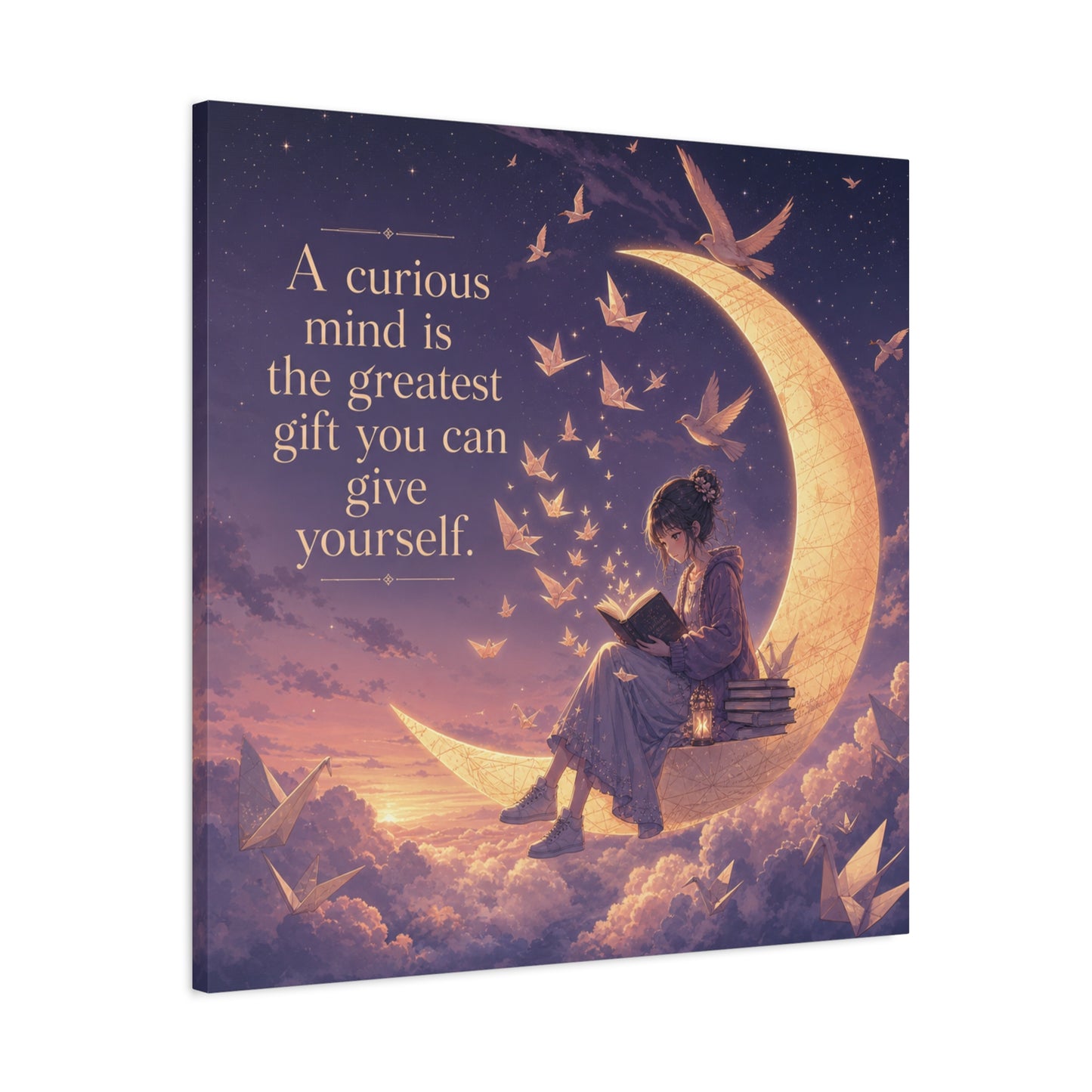 "A Curious Mind Is The Greatest You Can Give Yourself" Canvas Wall Art - Moon Reading Girl Quote Print, Dreamy Celestial Illustration - Bedroom Wall Decor, Home Office Accent - Ready to Hang