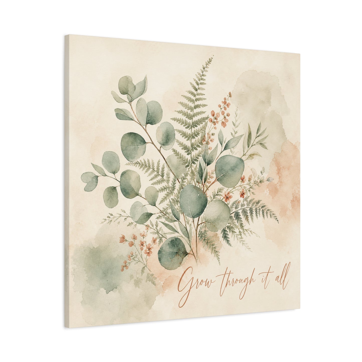 "Grow Through It All" Botanical Canvas Wall Art - Eucalyptus Fern Watercolor Quote Print, Sage Green Floral Home Decor - Modern Farmhouse Style, Bedroom Wall Hanging - Ready to Hang - Ready to Hang