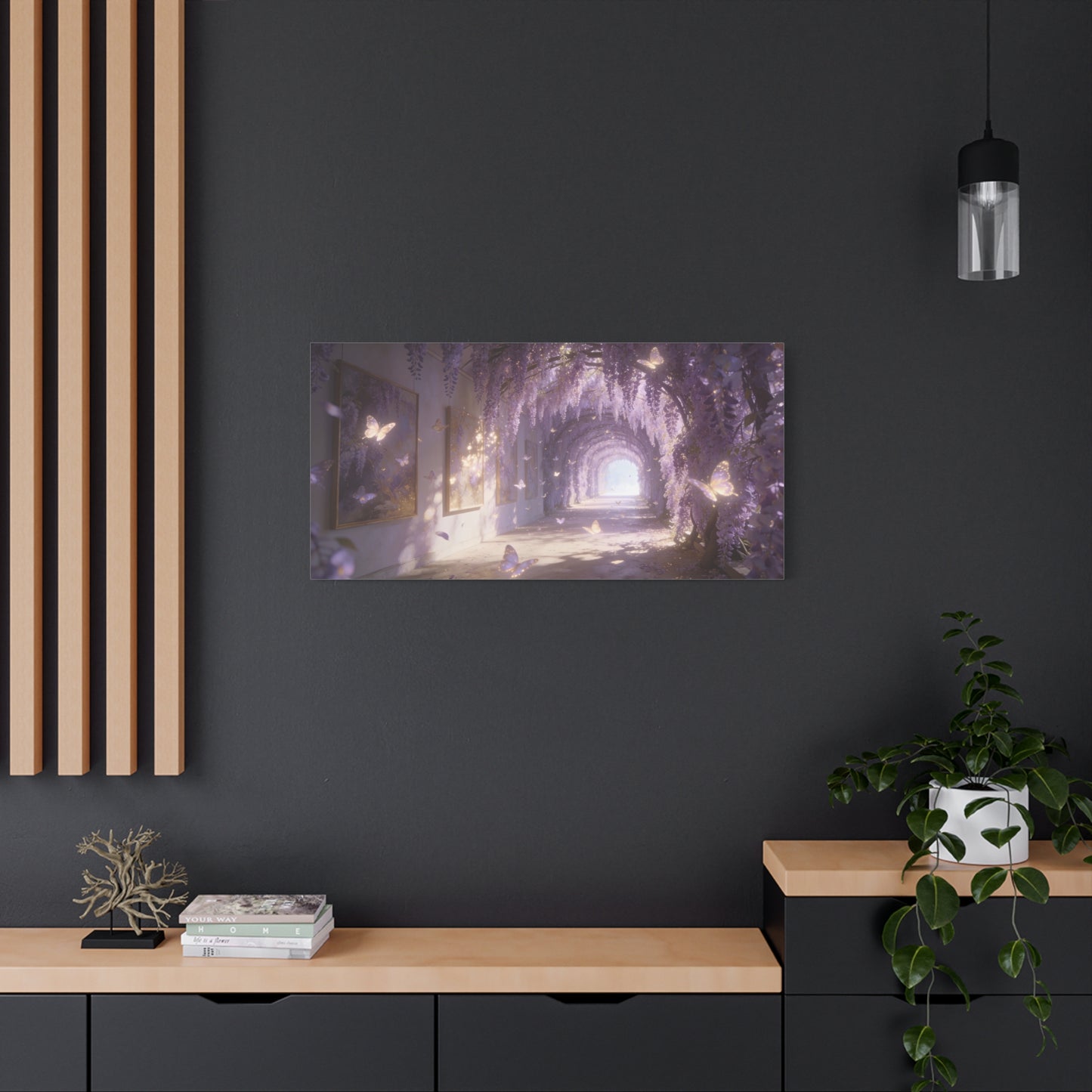 Wisteria Butterfly Canvas Wall Art - Dreamy Floral Tunnel Illustration, Lavender Glow, Matte Cotton Print - Contemporary Fantasy Style - Bedroom Wall Decor, Living Room Home Accent - Ready to Hang