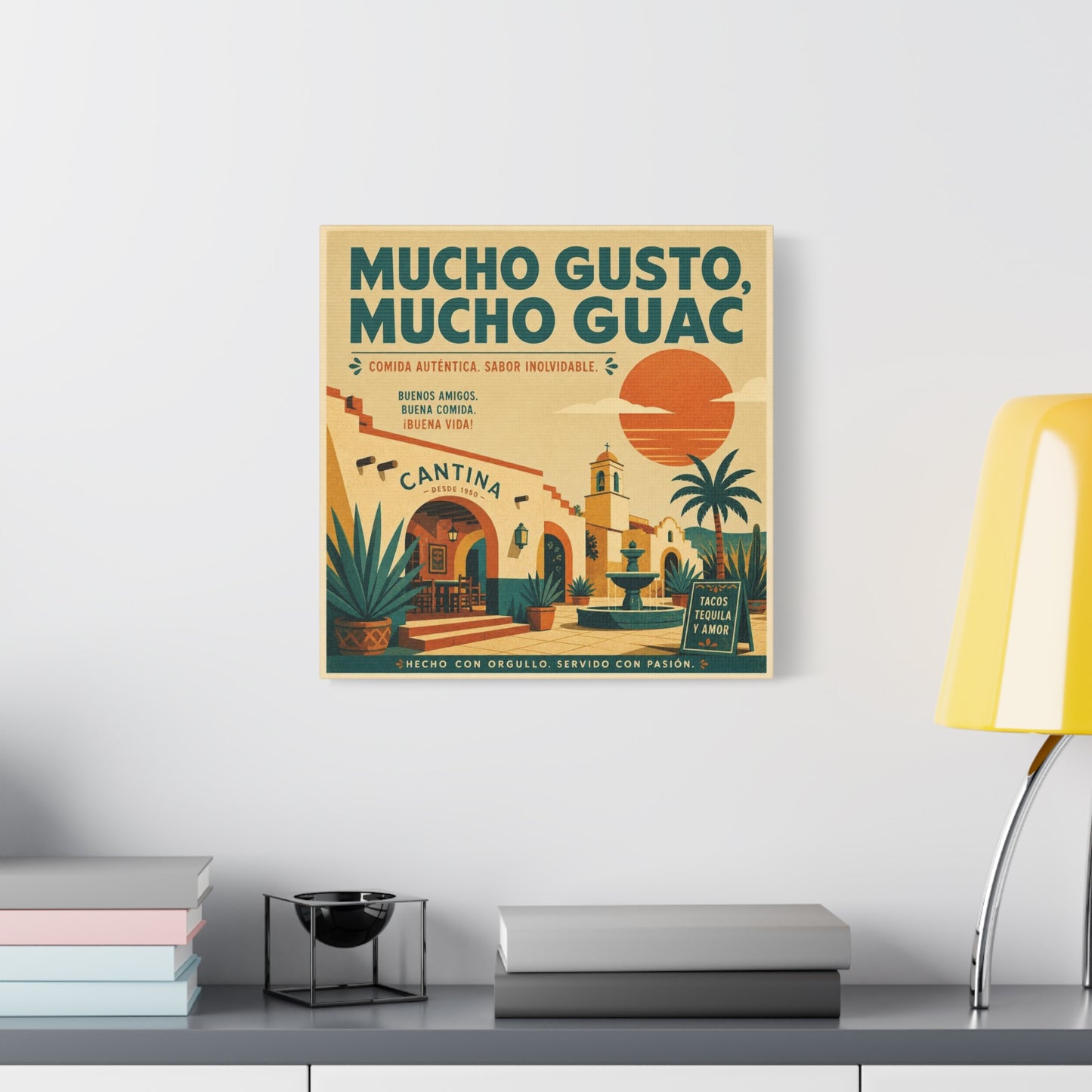 "Mucho Gusto, Mucho Guac" Cantina Canvas Wall Art - Mexican Restaurant Typography Print, Vintage Desert Courtyard Illustration, Cafe Wall Decor, Tequila Bar Sign, Workspace Accent - Ready to Hang