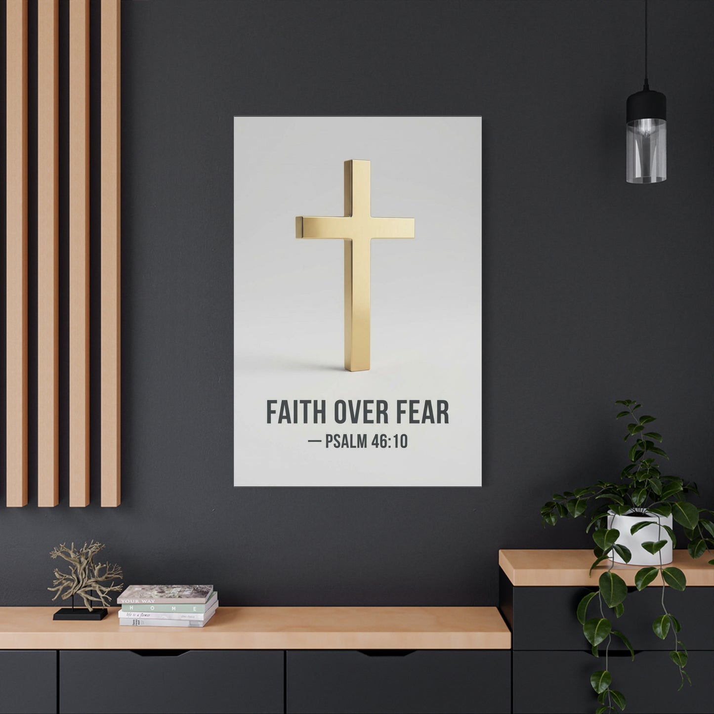 "Faith Over Fear" Psalm 46:10 Cross Canvas Wall Art - Gold Christian Scripture Print, Minimalist Religious Wall Decor - Modern Bedroom Home Decoration - Bedroom Home Decoration - Cozy Reading Nook Art