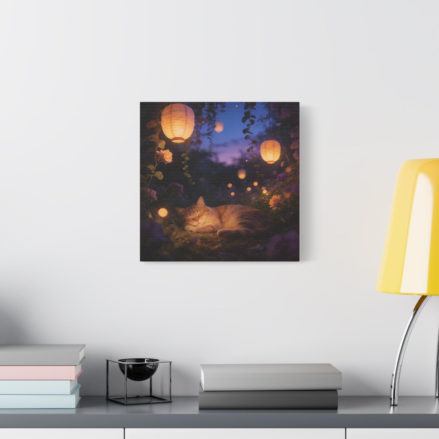 Sleeping Cat Canvas Wall Art - Lantern Lit Garden Night Scene, Dreamy Floral Canvas Print - Calming Cottagecore Style, Bedroom Wall Decor, Living Room Home Decoration - Bedroom Home Decoration