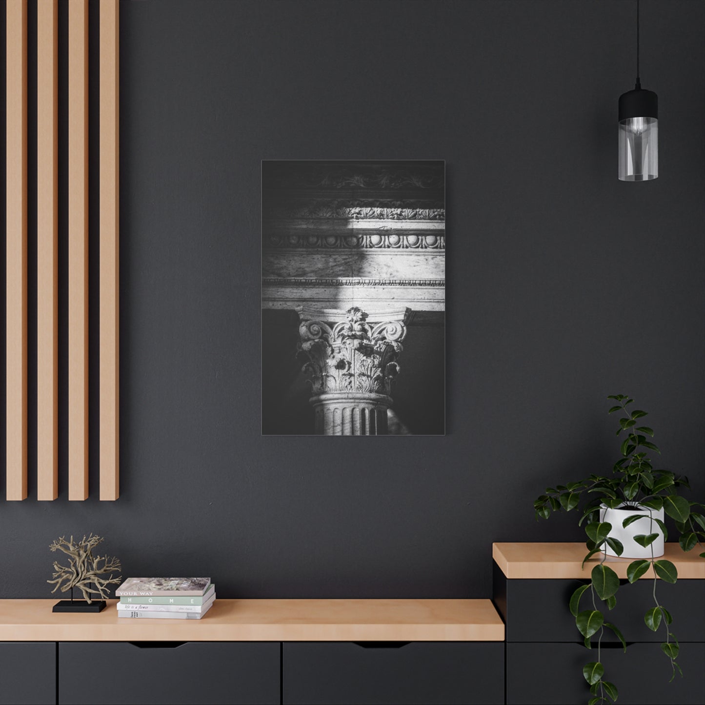 Black And White Corinthian Column Canvas Wall Art - Architectural Art Print, Dramatic Light And Shadow, Matte Cotton Decor - Minimalist Living Room Wall Decor, Office Art - Ready to Hang