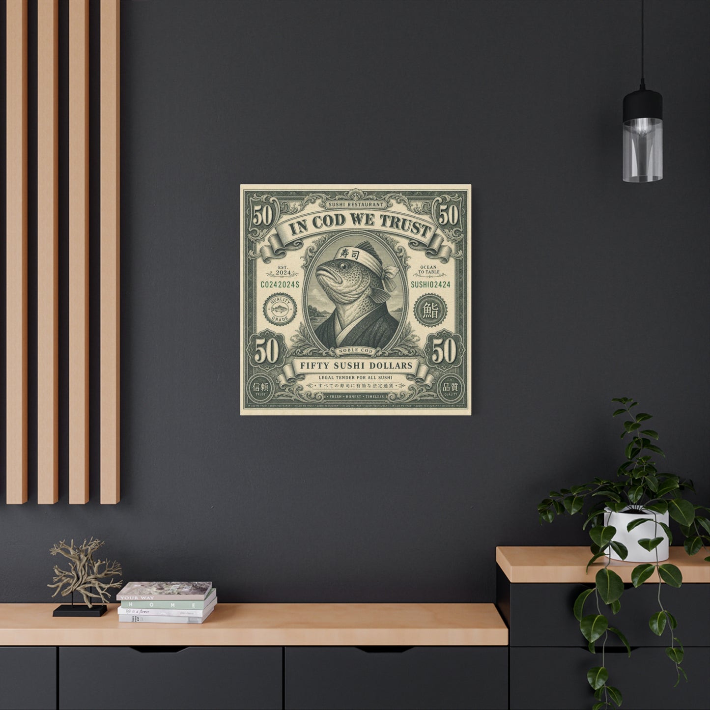 "In Cod We Trust" Sushi Restaurant Canvas Wall Art - Vintage Money Bill Fish Illustration, Typography Poster Style, Cotton Canvas Print, Cafe Decor, Dining Room Accent, Office Art - Ready to Hang