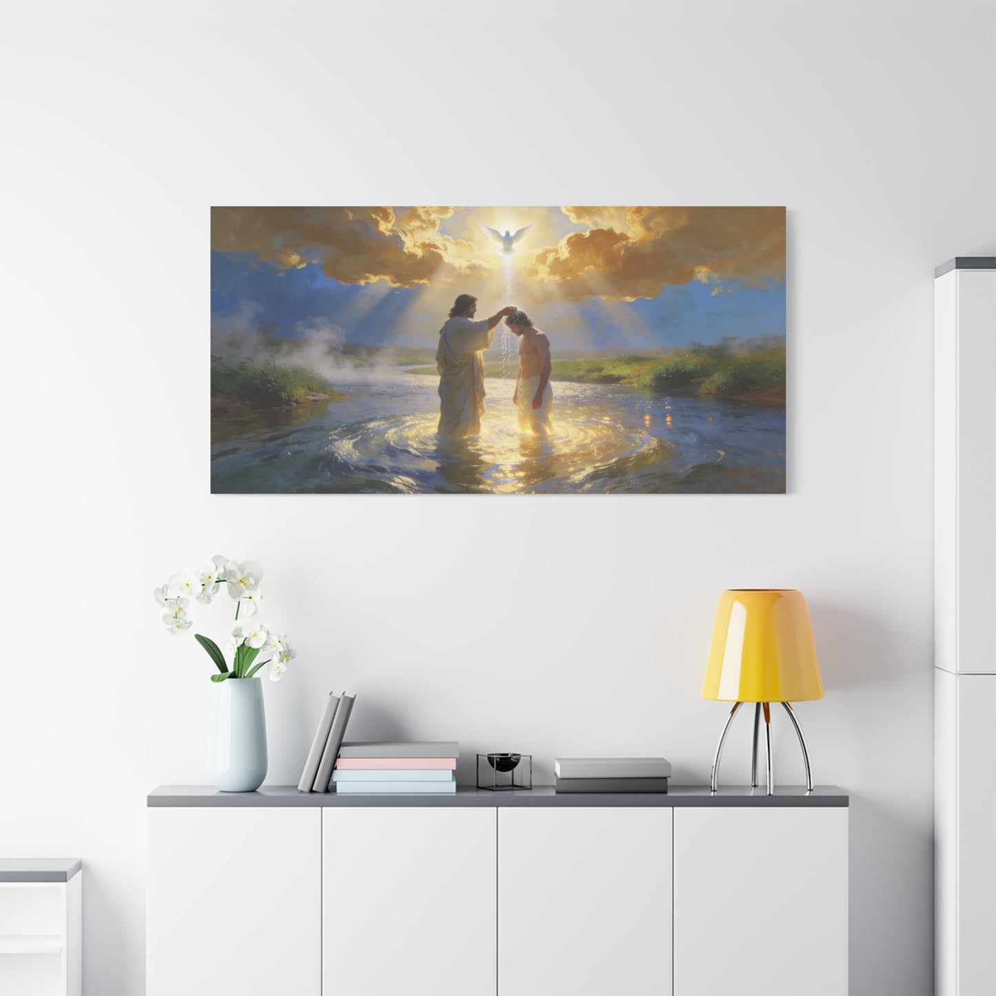 Baptism Of Jesus Christ Canvas Wall Art - Dove, Golden Light, River Scene - Religious Christian Wall Decor, Traditional Matte Canvas Print, Living Room Bedroom Home Decoration - Modern Farmhouse Style