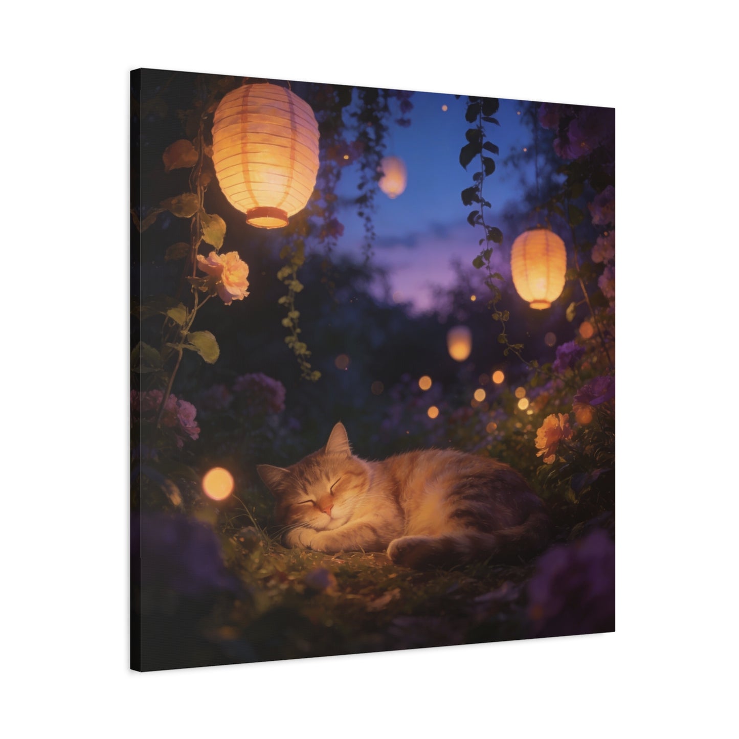 Sleeping Cat Canvas Wall Art - Lantern Lit Garden Night Scene, Dreamy Floral Canvas Print - Calming Cottagecore Style, Bedroom Wall Decor, Living Room Home Decoration - Bedroom Home Decoration