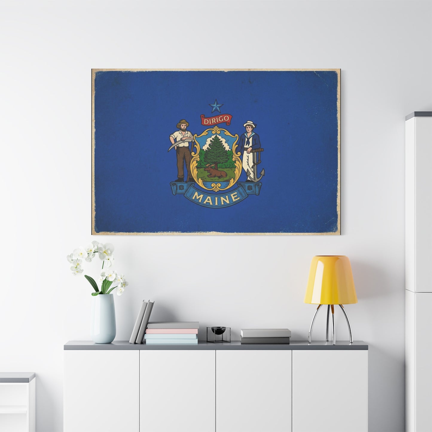 Maine State Flag Canvas Wall Art - Dirigo Vintage Blue Flag Print, Rustic Patriotic Decor - Distressed Illustration Style - Living Room Wall Decor, Office Art Accent - Bedroom Home Decoration