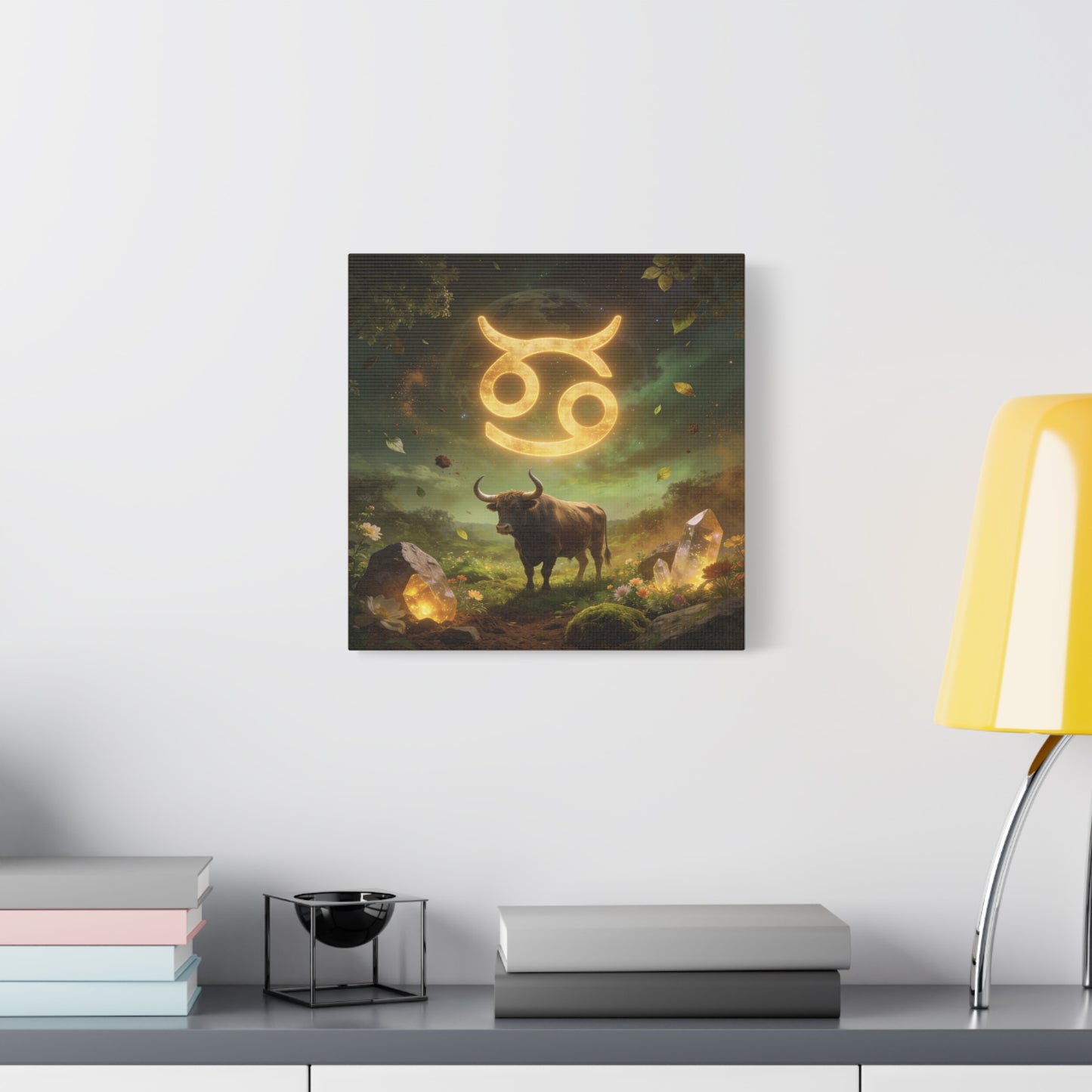 Cancer Zodiac Canvas Wall Art - Glowing Astrology Symbol, Bull And Crystal Fantasy Scene - Celestial Green Gold Illustration - Bedroom Home Decoration, Meditation Space Accent - Living Room Wall Decor