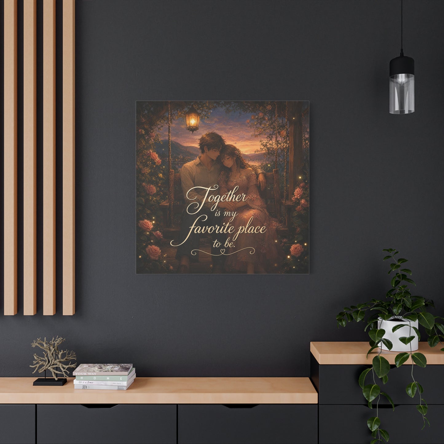"Together Is My Favorite Place To Be" Romantic Couple Canvas Wall Art - Lantern Swing Sunset Lake Scene, Floral Garden Love Quote Print - Vintage Bedroom Decor - Office Wall Art - Ready to Hang