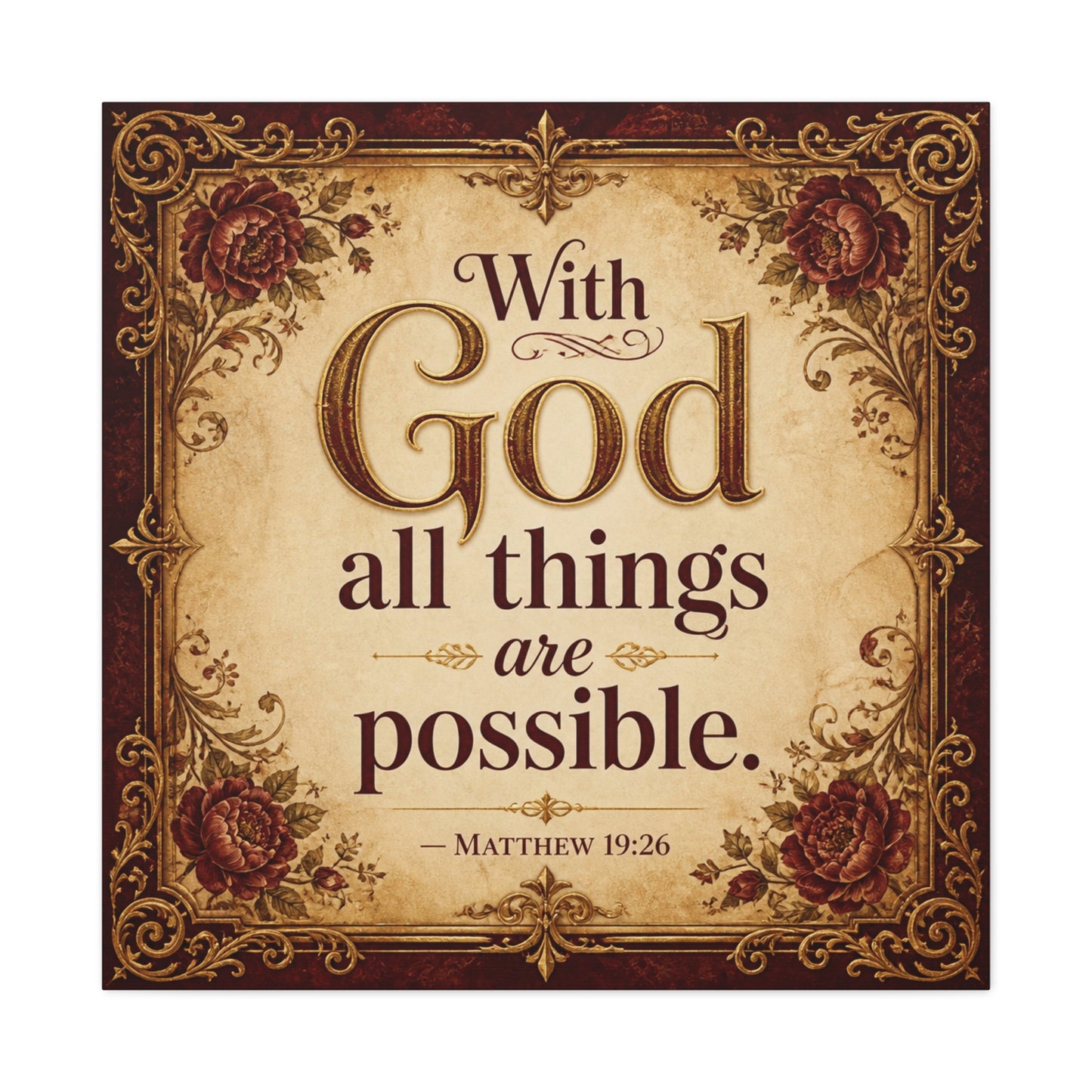 "With God All Things Are Possible. - Matthew 19:26" Christian Canvas Wall Art - Vintage Floral Scripture Print, Traditional Inspirational Decor, Living Room Bedroom Wall Hanging - Ready to Hang