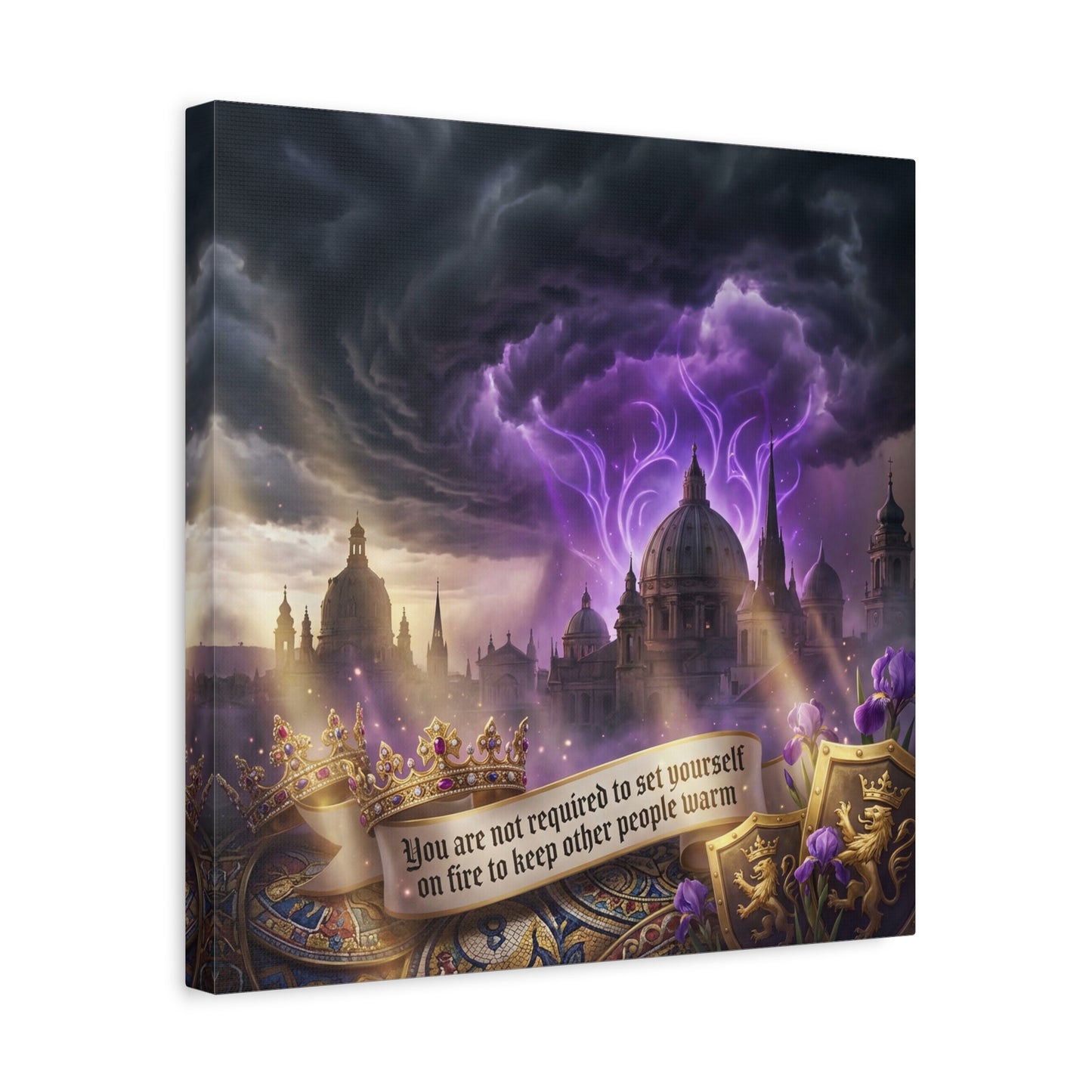 "You Are Not Required To Set Yourself On Fire" Canvas Wall Art - Gothic Castle Quote Decor, Purple Storm Sky, Crown And Iris Fantasy Print - Bedroom Home Decoration, Living Room Accent - Ready to Hang