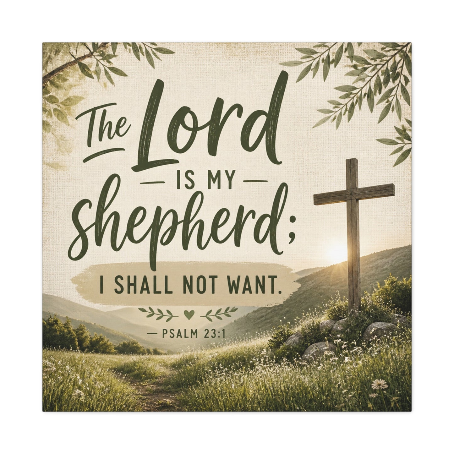 "The Lord Is My Shepherd, I Shall Not Want. - Psalm 23:1" Christian Canvas Wall Art - Rustic Cross Meadow Landscape, Farmhouse Scripture Decor, Bedroom Living Room Wall Hanging - Ready to Hang
