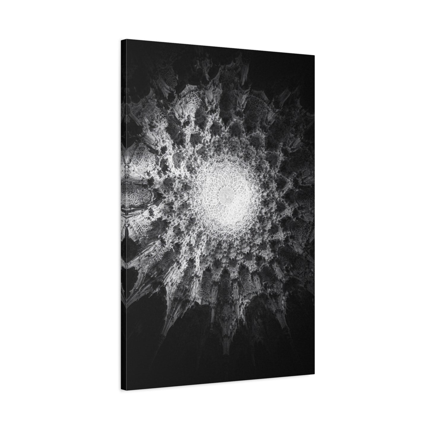 Abstract Black White Canvas Wall Art - Monochrome Fractal Mandala Design, Architectural Spiral Light - Matte Cotton Art Print - Contemporary Decor For Living Room, Bedroom, Office Accent