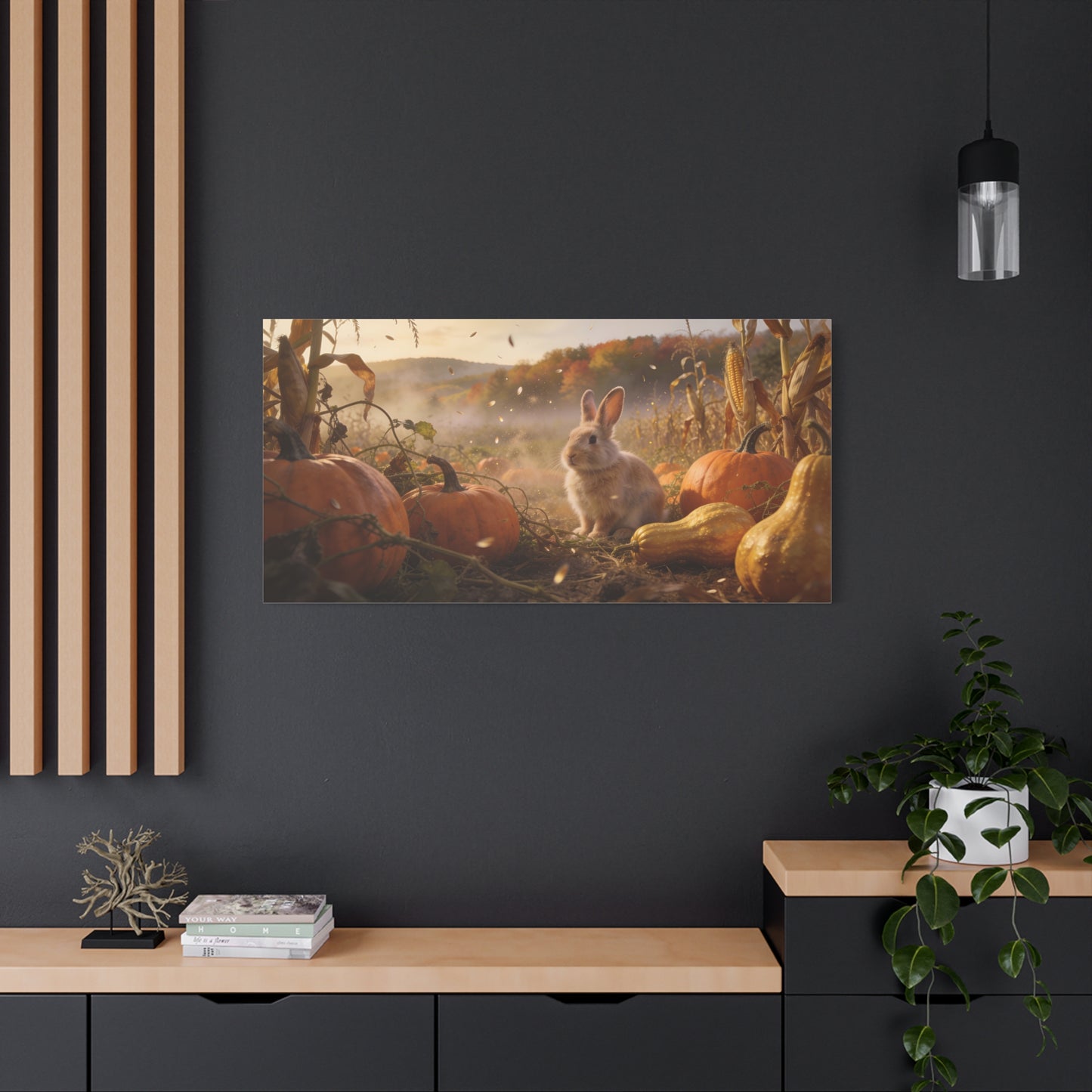 Autumn Bunny Canvas Wall Art - Rabbit In Pumpkin Patch, Golden Harvest Farm Scene - Rustic Matte Canvas Print - Bedroom Wall Decor, Living Room Home Decoration, Nursery Accent - Modern Farmhouse Style