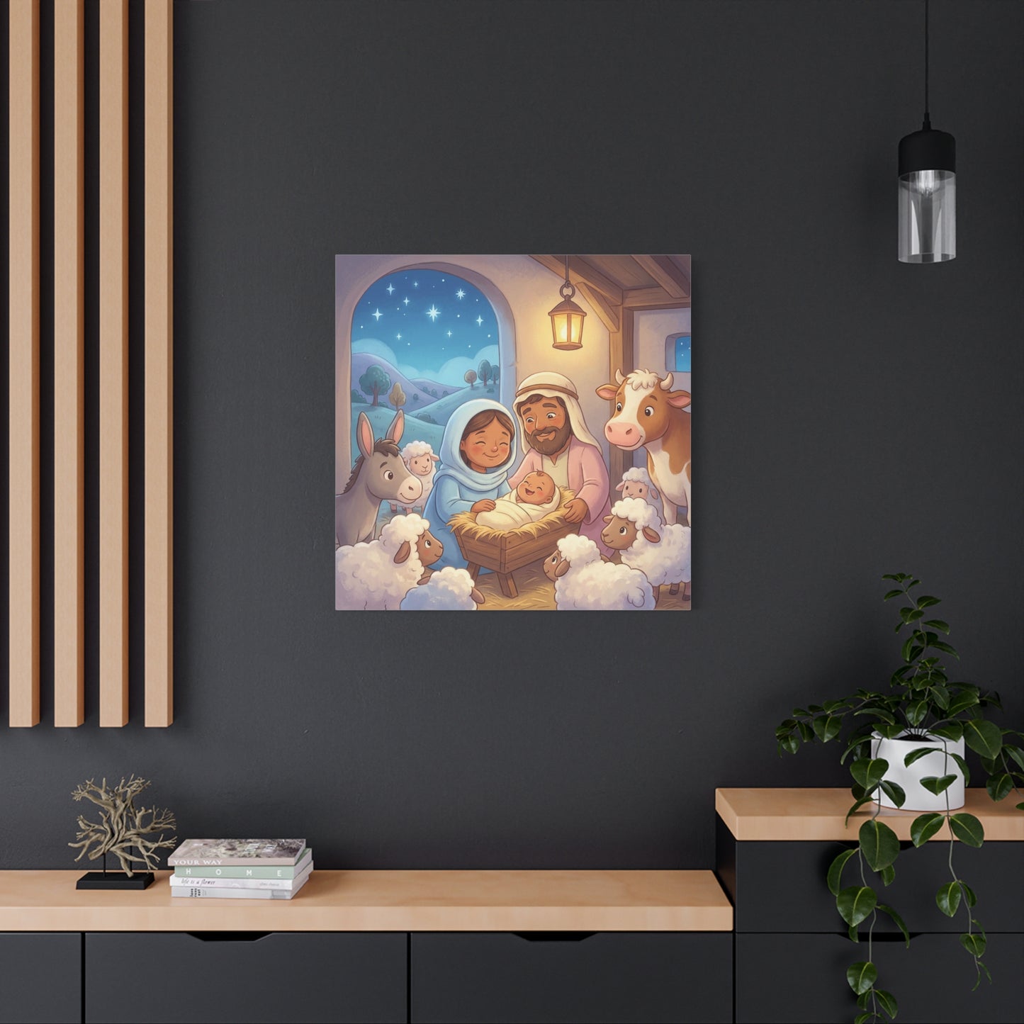 Holy Family Nativity Canvas Wall Art - Baby Jesus, Mary And Joseph Nursery Decor - Starry Stable Christian Home Decoration - Matte Canvas Print For Bedroom, Living Room - Ready to Hang - Ready to Hang