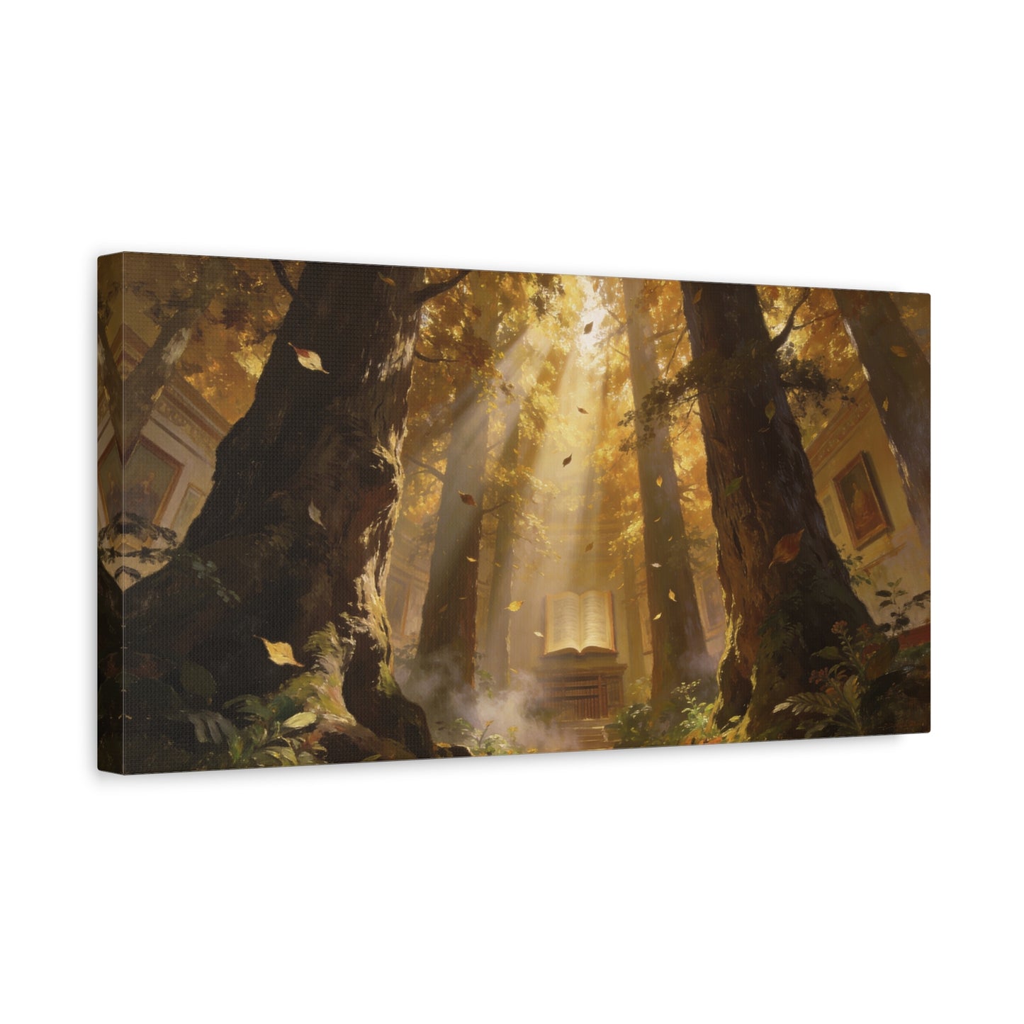 Enchanted Forest Library Canvas Wall Art - Sunbeams, Open Book, Autumn Trees - Matte Cotton Art Print - Fantasy Landscape Style - Living Room Wall Decor, Office Accent - Bedroom Home Decoration
