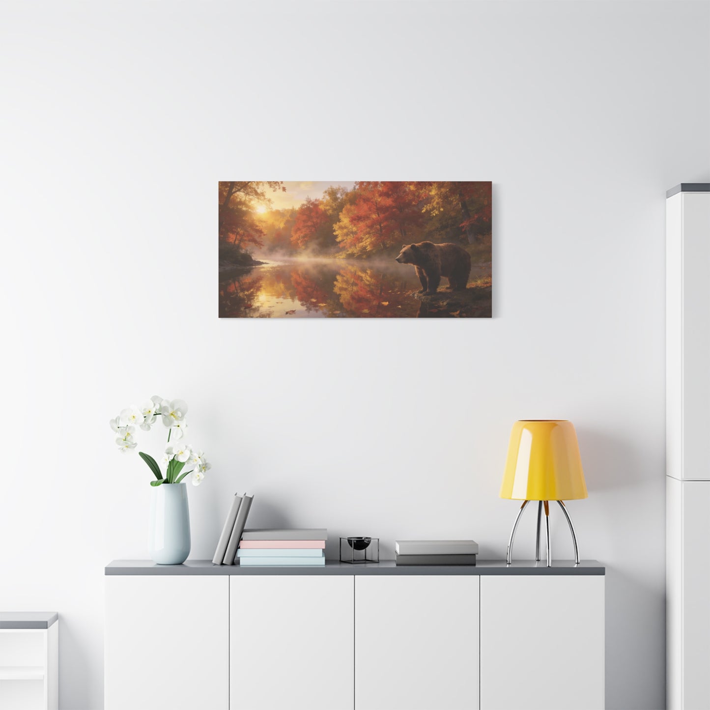 Brown Bear Canvas Wall Art - Autumn Forest River Sunrise Wildlife Print, Golden Mist Reflection, Matte Canvas Print, Rustic Lodge Style, Living Room Wall Decor Office Art - Bedroom Home Decoration