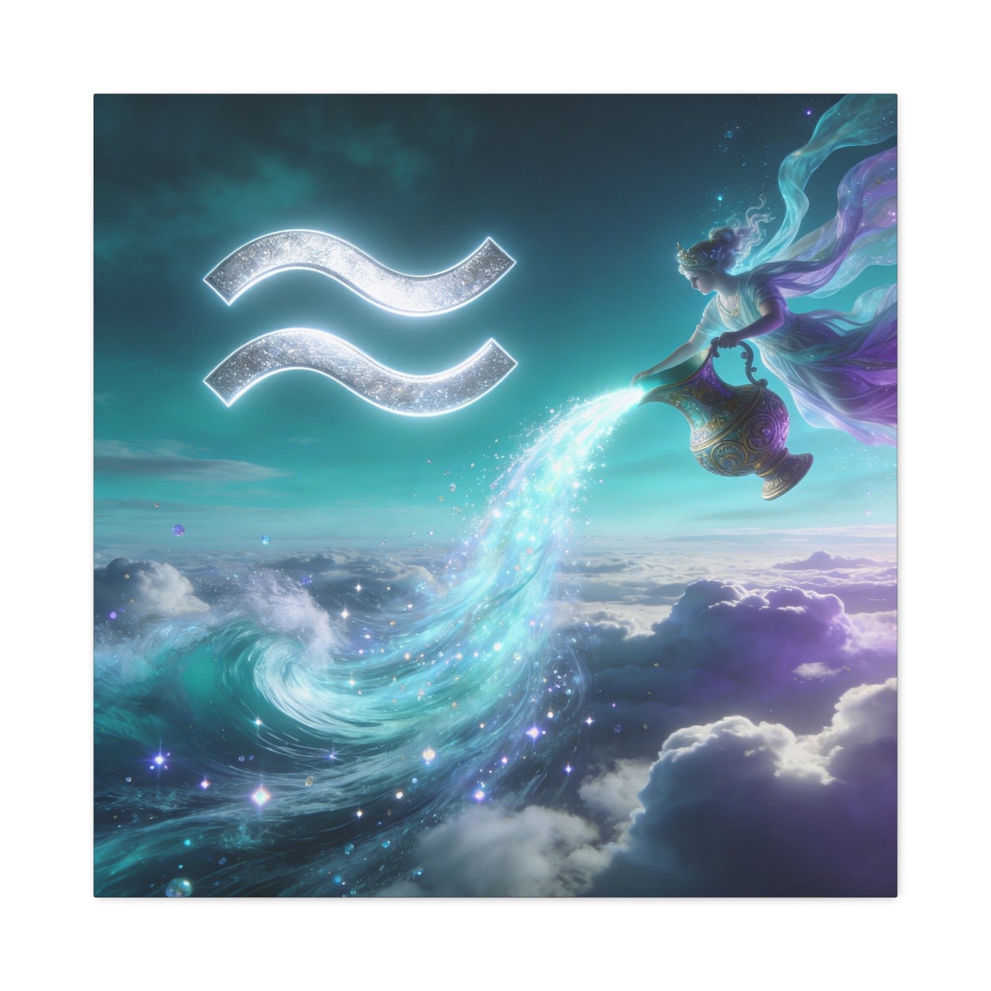 Aquarius Zodiac Canvas Wall Art - Celestial Water Bearer Fantasy Illustration, Matte Canvas Print - Mystical Blue Purple Decor, Bedroom Home Decoration, Office Wall Art - Bedroom Home Decoration