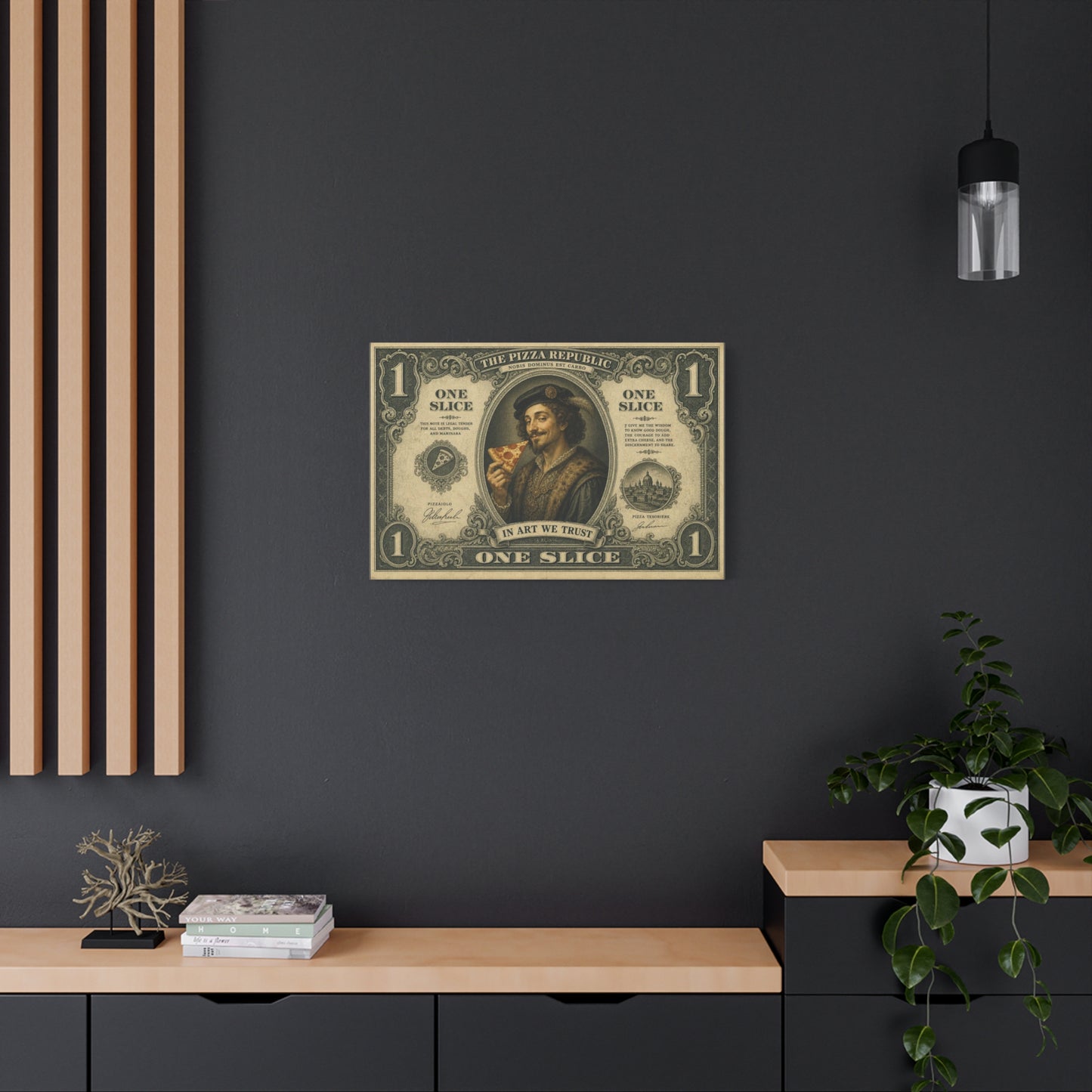 "The Pizza Republic" One Slice Vintage Canvas Wall Art - Renaissance Pizza Portrait, Typography Money Note Design - Matte Cotton Print - Kitchen Decor, Cafe Wall Decor - Bedroom Home Decoration