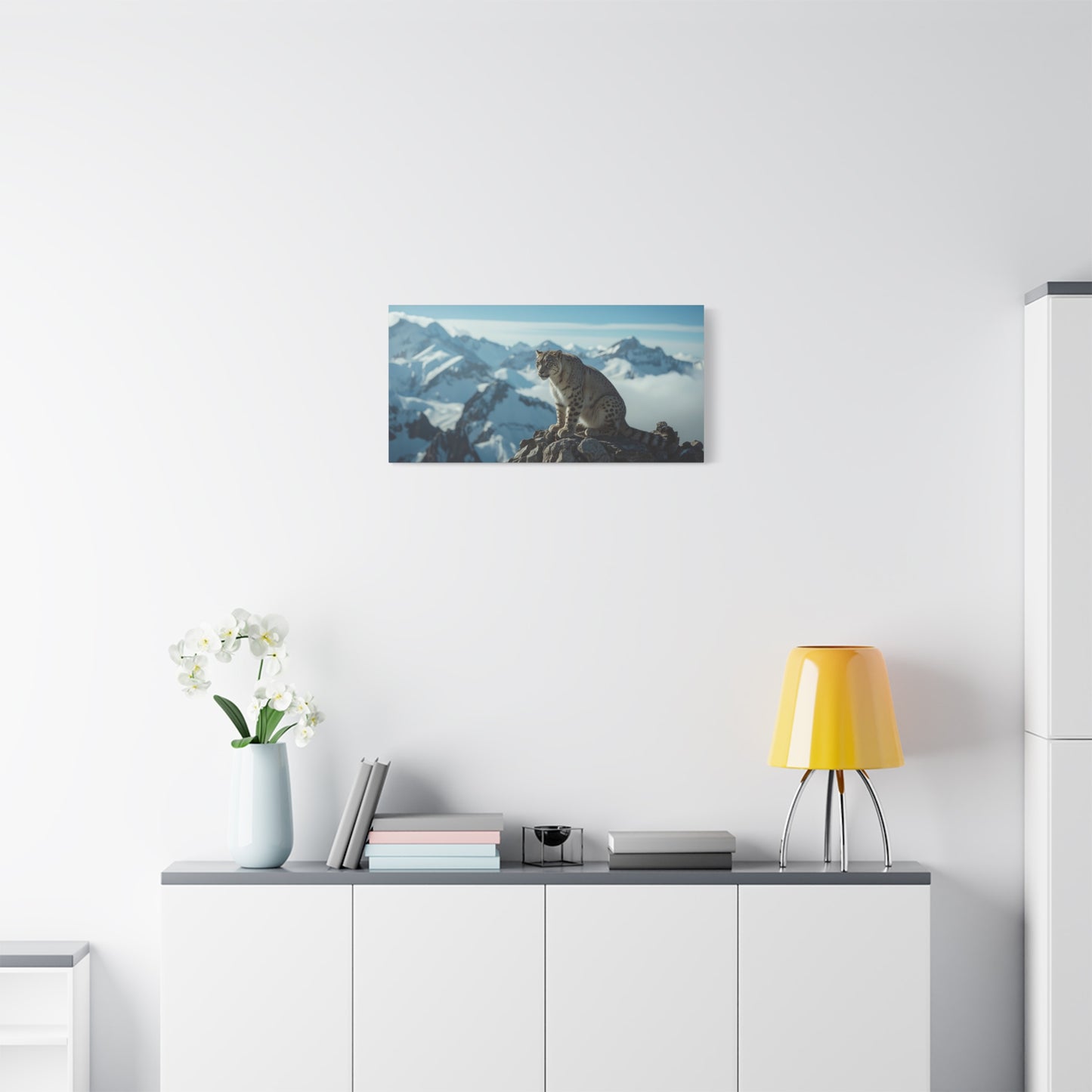Snow Leopard Canvas Wall Art - Alpine Mountain Wildlife Print, Blue Snowy Peaks, Matte Cotton Canvas, Contemporary Nature Style - Living Room Wall Decor, Office Art Accent - Bedroom Home Decoration