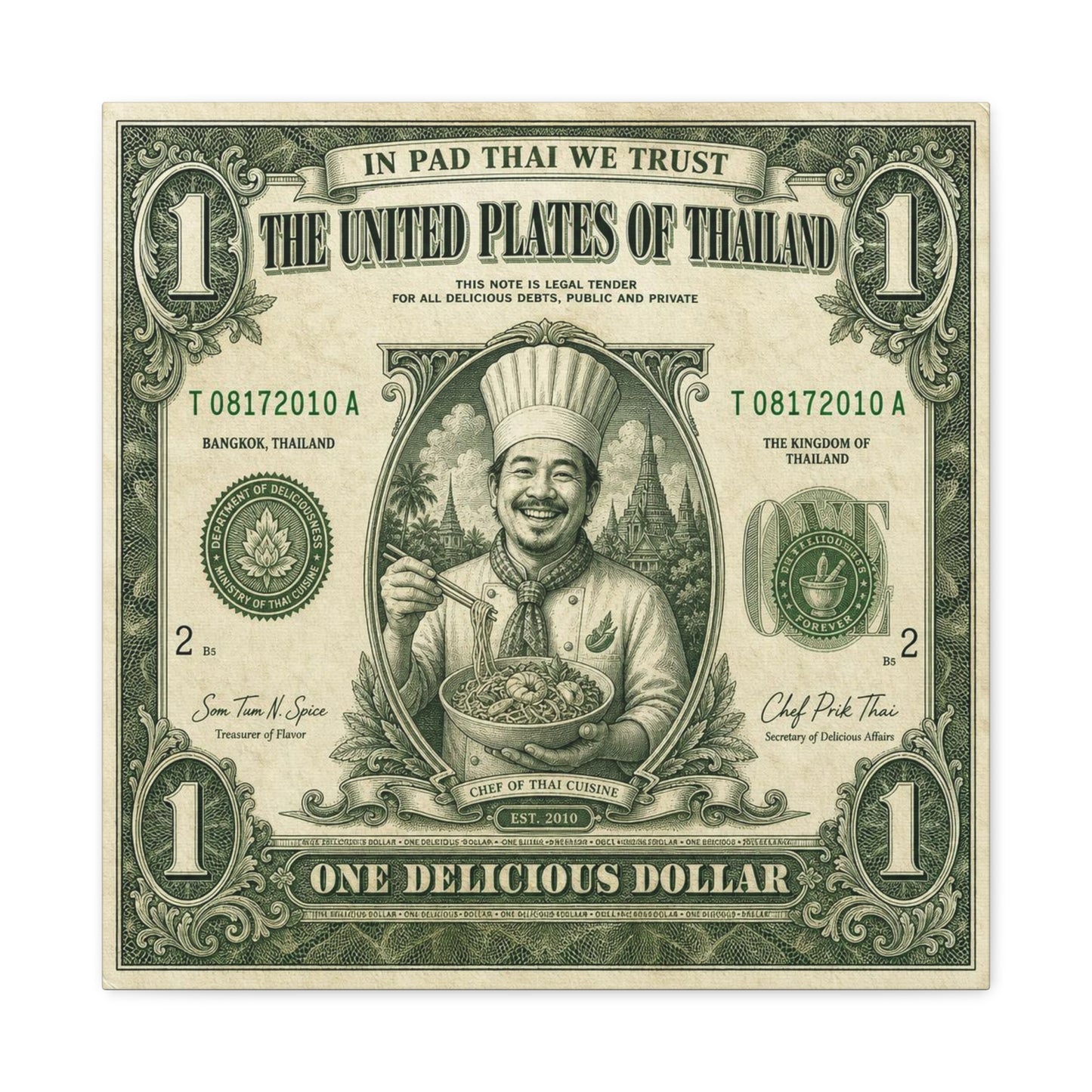 "In Pad Thai We Trust" Typography Canvas Wall Art - Vintage Thai Currency Illustration, Chef Portrait, Bangkok Thailand Food Poster Style - Kitchen Wall Decor, Dining Room Accent - Ready to Hang
