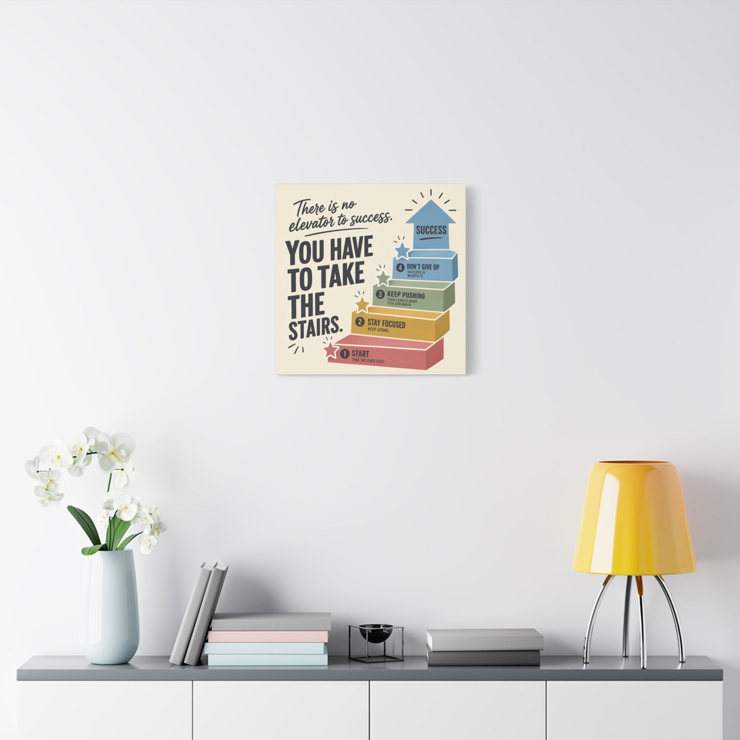 "There Is No Elevator To Success. You Have To Take The Stairs." Motivational Canvas Wall Art - Typography Quote Print, Office Decor, Classroom Poster, Modern Inspirational Home Decoration