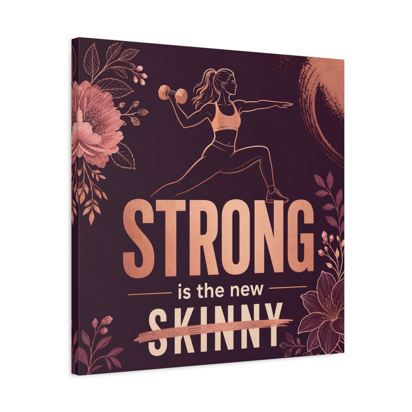"Strong Is The New Skinny" Fitness Canvas Wall Art - Woman With Dumbbell Floral Quote Print - Rose Gold Motivational Decor - Modern Bedroom Wall Decor - Bedroom Home Decoration - Cozy Reading Nook Art