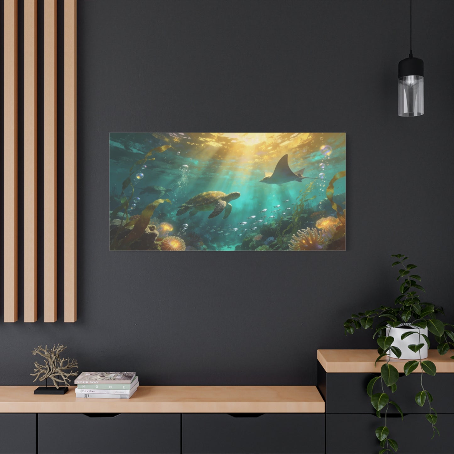 Sea Turtle And Stingray Canvas Wall Art - Sunlit Underwater Ocean Scene, Coral Reef Marine Life, Matte Cotton Print - Coastal Style, Living Room Wall Decor, Bedroom Home Decoration - Ready to Hang