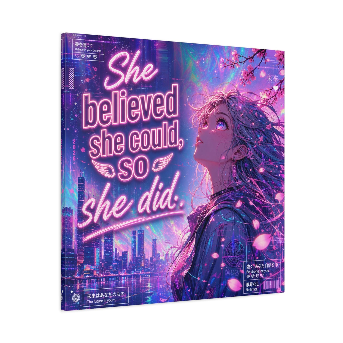 "She Believed She Could, So She Did" Anime Girl Canvas Wall Art - Neon Sakura Cityscape, Inspirational Typography Print - Contemporary Bedroom Wall Decor, Teenager Room Decor - Bedroom Home Decoration
